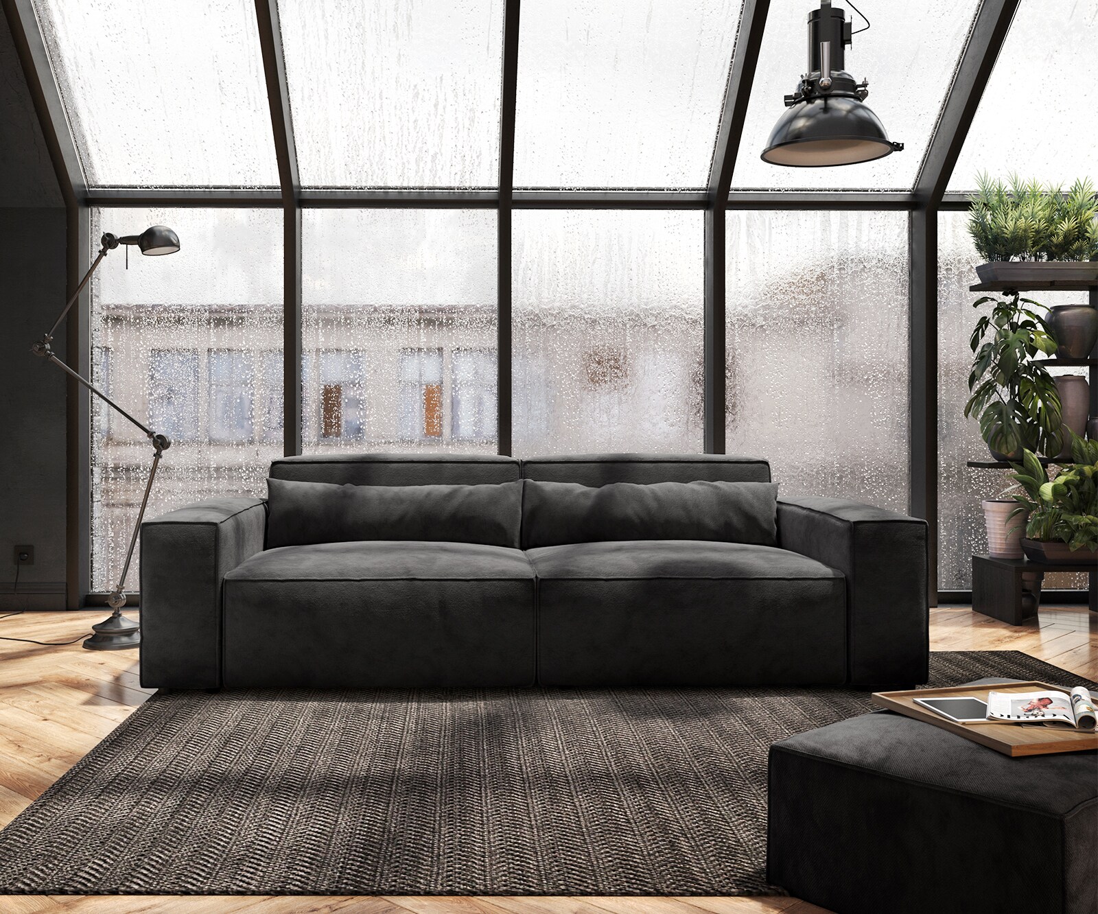 Big-Sofa Sirpio 230x90 cm Mikrofaser Schwarz mit Hocker 1