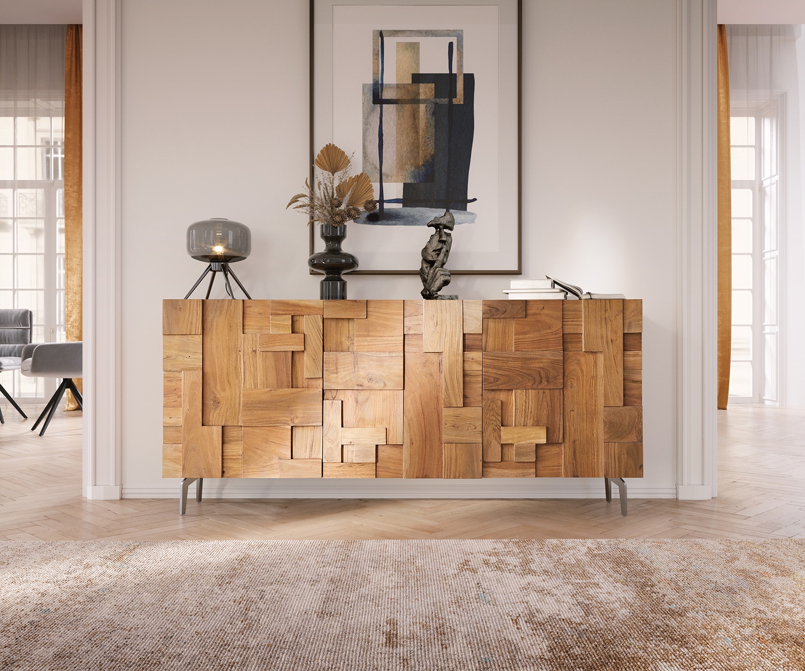 Sideboard Puzzle 175 cm Akazie Natur 3 Türen Winkelfuß Edelstahl 1 Sideboard Puzzle 175 cm Akazie Natur 3 Türen Winkelfuß Edelstahl 1