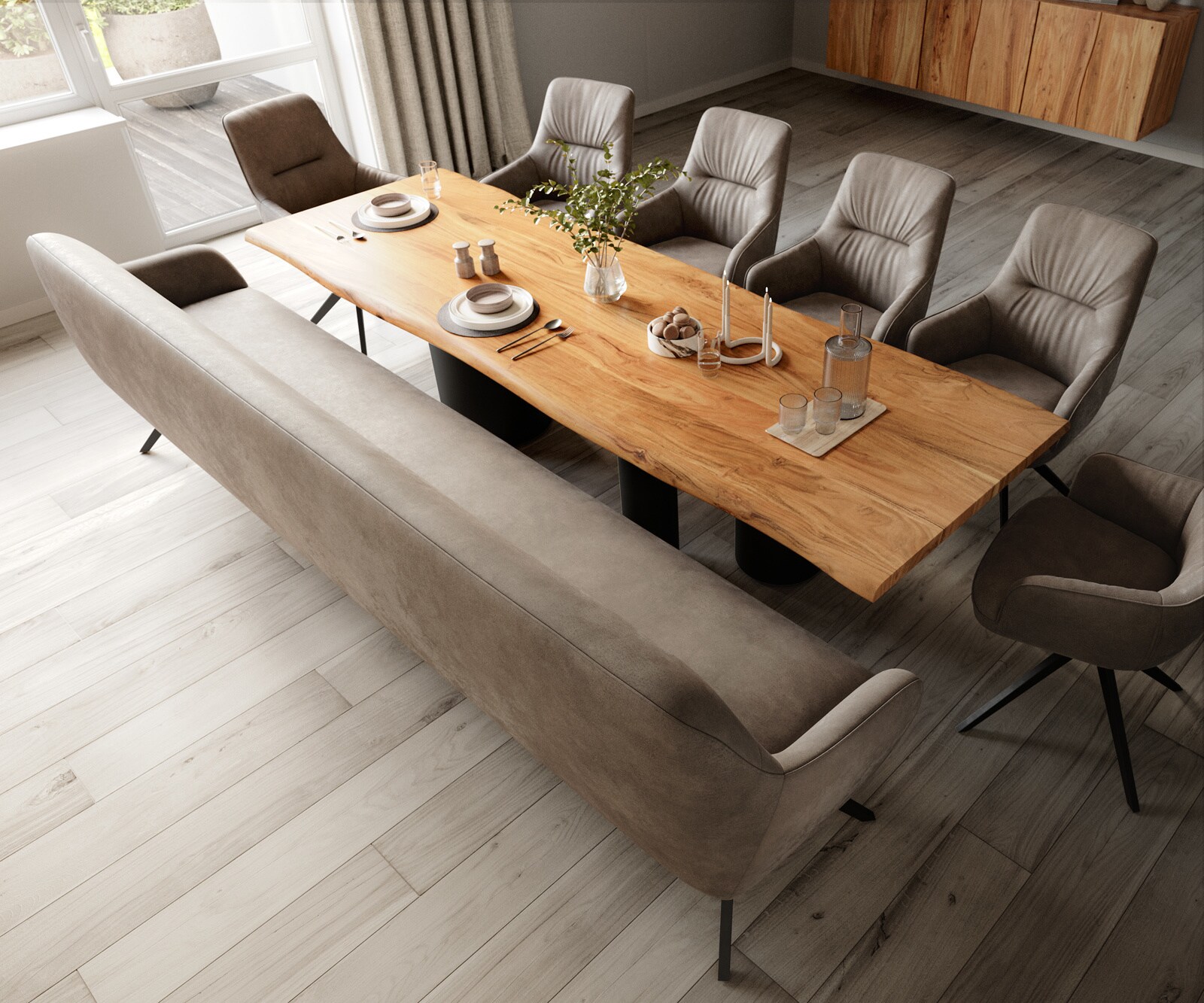 Banc-de-salle-à-manger Taya-Flex 300 cm microfibre taupe vintage pied croisé angulaire noir ressort ensaché 3