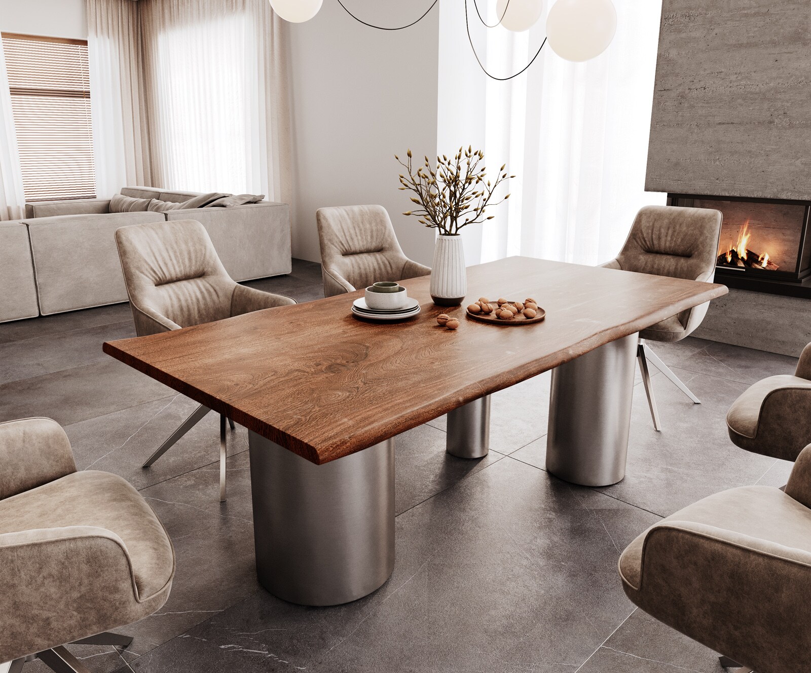 Table à manger Edge 200x100 acacia marron Troa acier inoxydable brossé Live-Edge 1