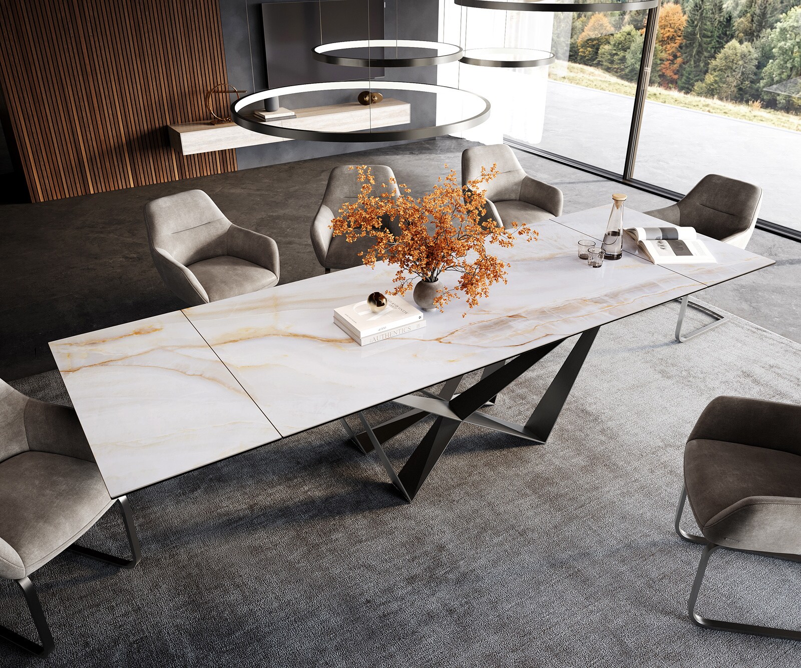 Esstisch Edge 200-300x100 cm Keramik Onyx Pearl Spider Flachstahl Edelstahl Graphit ausziehbar 3
