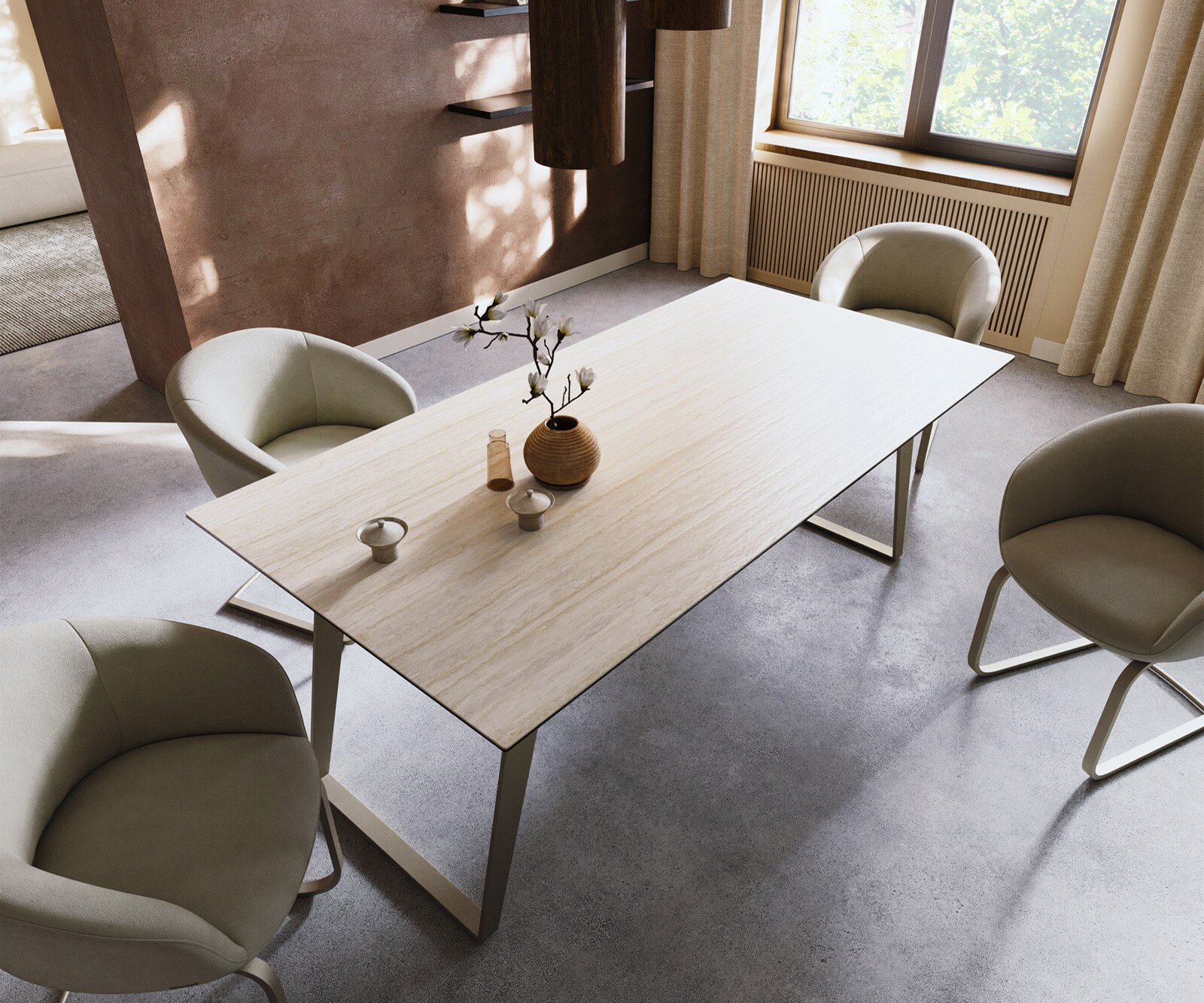 Esstisch Edge 200x100 Keramik Laminam® Travertino Bianco Creme-Weiß Metall Schräg Effektfinish Titan 3