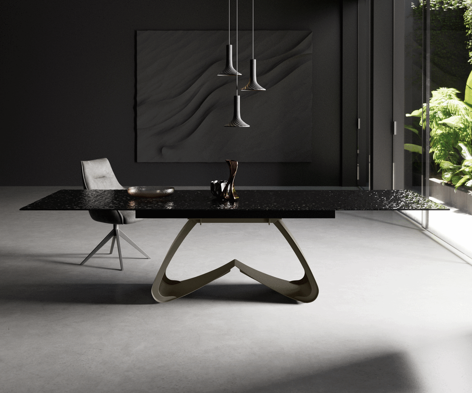 Esstisch Edge 200-300x100 Reliefglas Rauchschwarz 3D-Design W-Gestell Effektfinish Titan ausziehbar 1