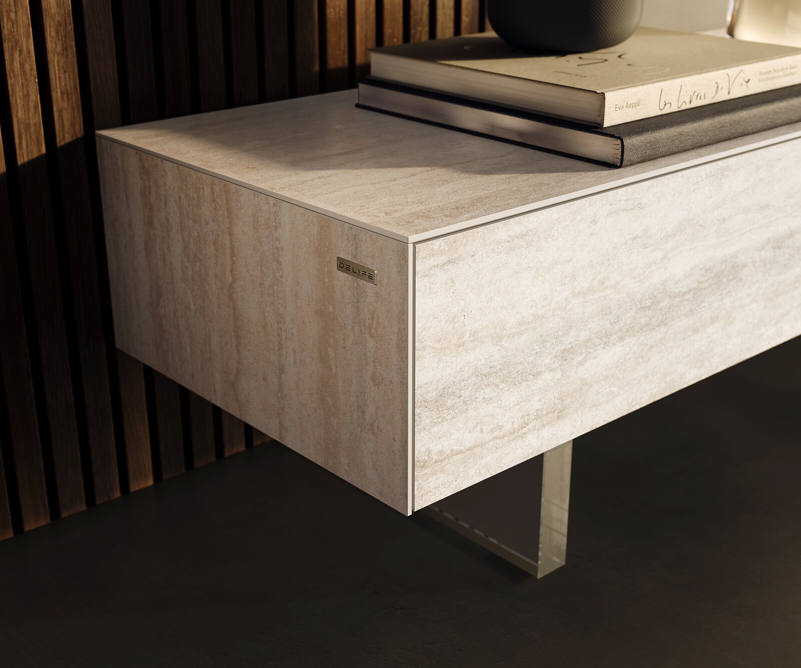 Meuble-TV Cuor 250 cm Céramique Laminam® Travertino Bianco Crème-blanc 1 Clapet 1 Tiroir Pied optique flottant Verre acrylique 5