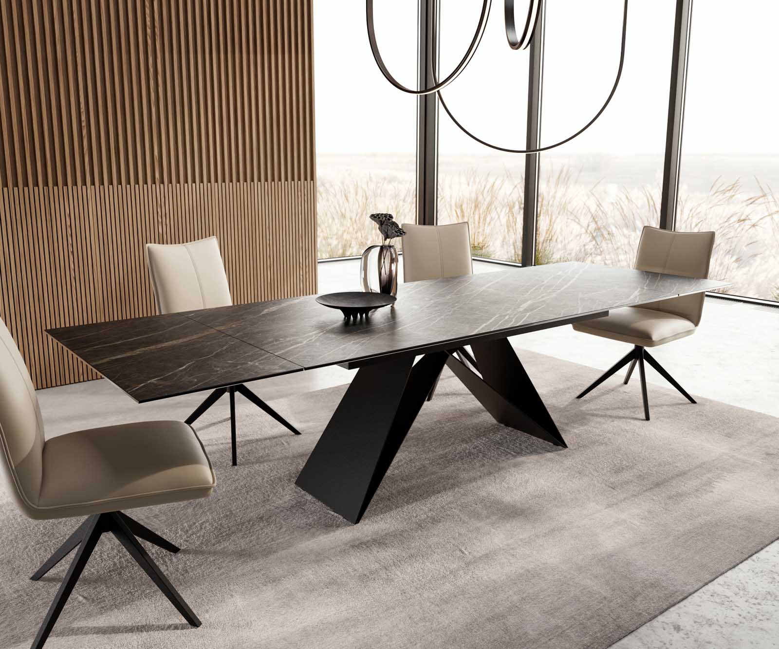 Table à manger Edge 200-300x100 céramique Laminam®Noir Desir marron cadre en V acier plat noir extensible 6