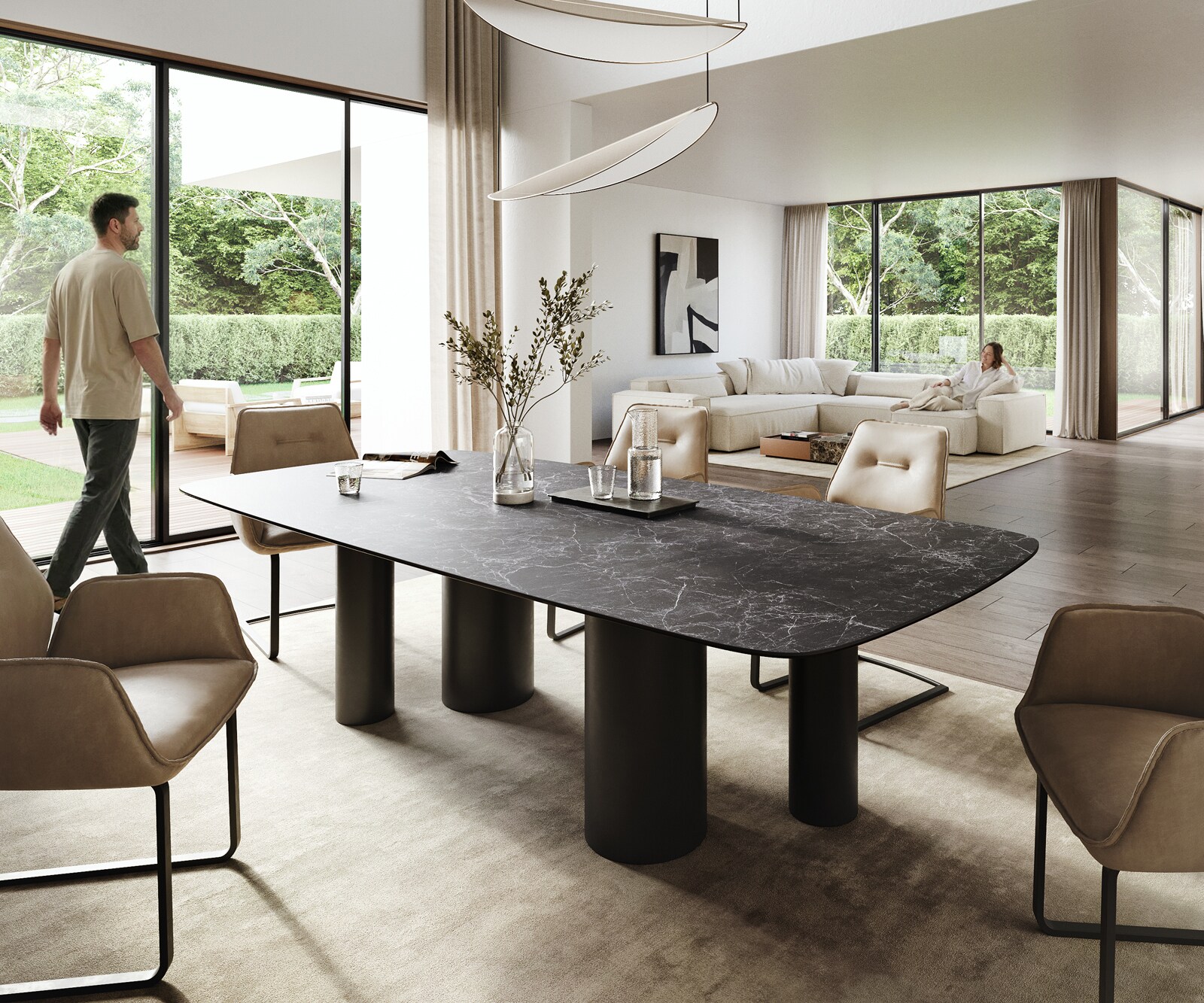 Table à manger Edge Boot 260x120 cm Céramique Laminam® Nero Greco Anthracite Pilier Métal Noir