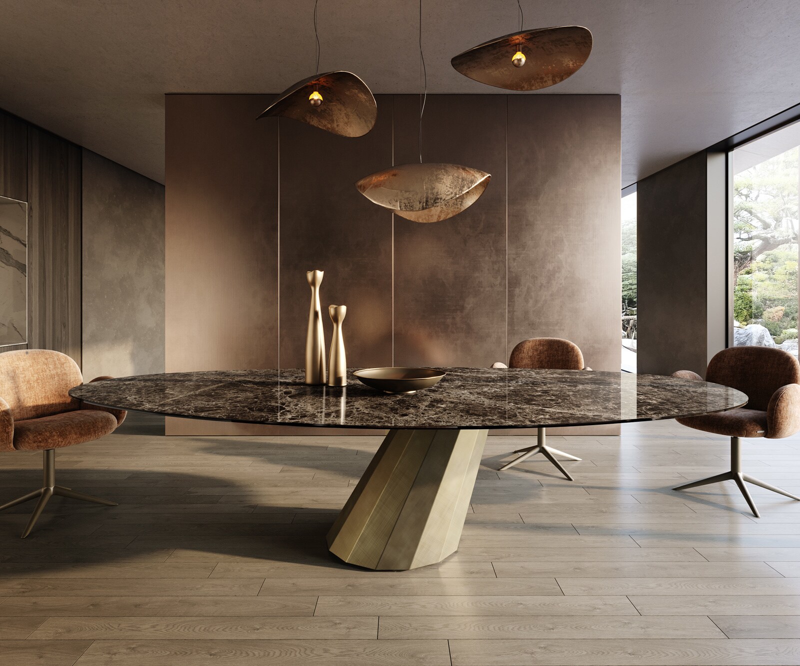 Esstisch Edge Oval 315x150 cm Keramik Emperador Extra Lucidato Dunkelbraun Parabel Metallic Gold 1