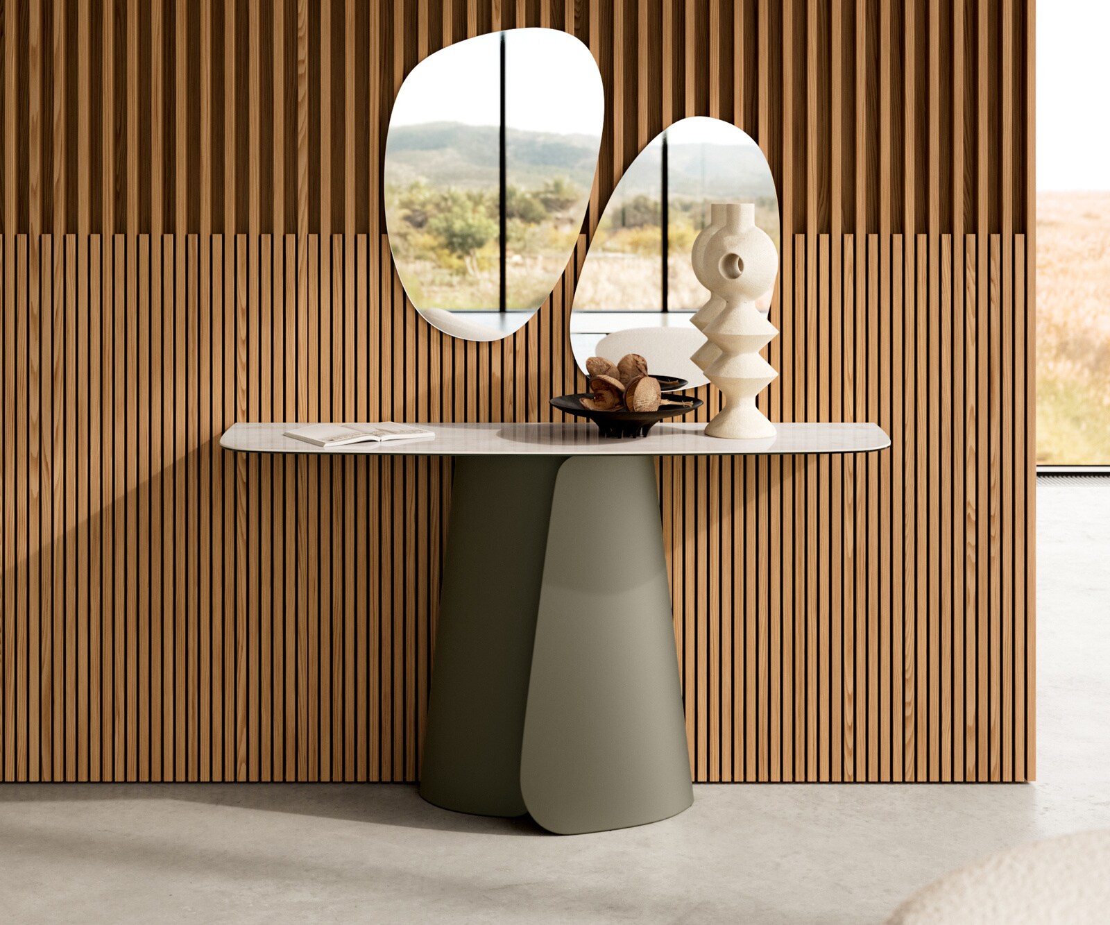 Console Edge forme bateau 140x40 cm Céramique Onyx Champagne Livos Métal Effektfinish Titan