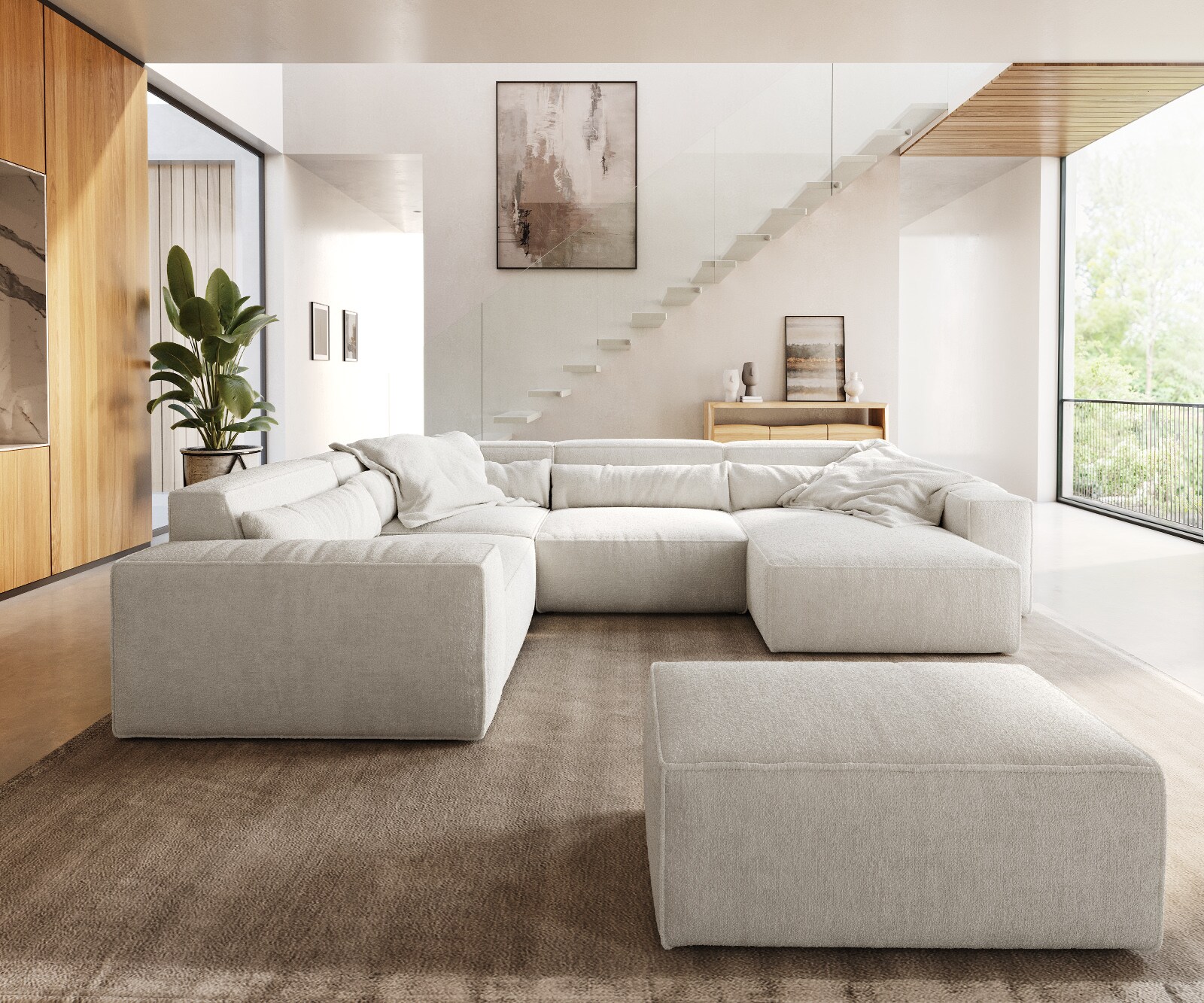 Wohnlandschaft Sirpio 300x200 cm Bouclé Creme-Weiß Recamiere variabel mit Hocker