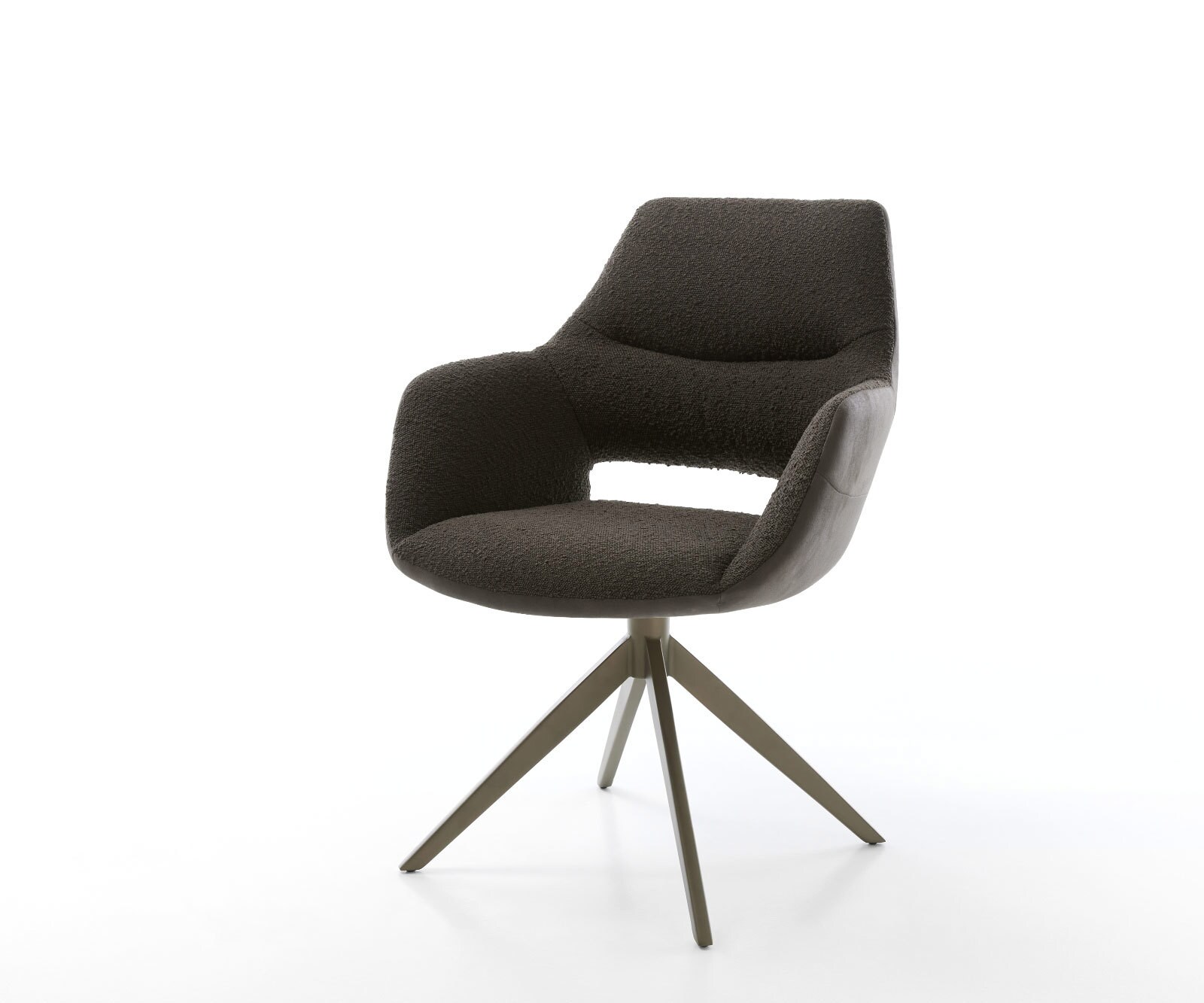 Chaise-pivotante Yago-Flex avec accoudoirs bouclé blanc cadre croisé large acier inoxydable pivote sur 360°