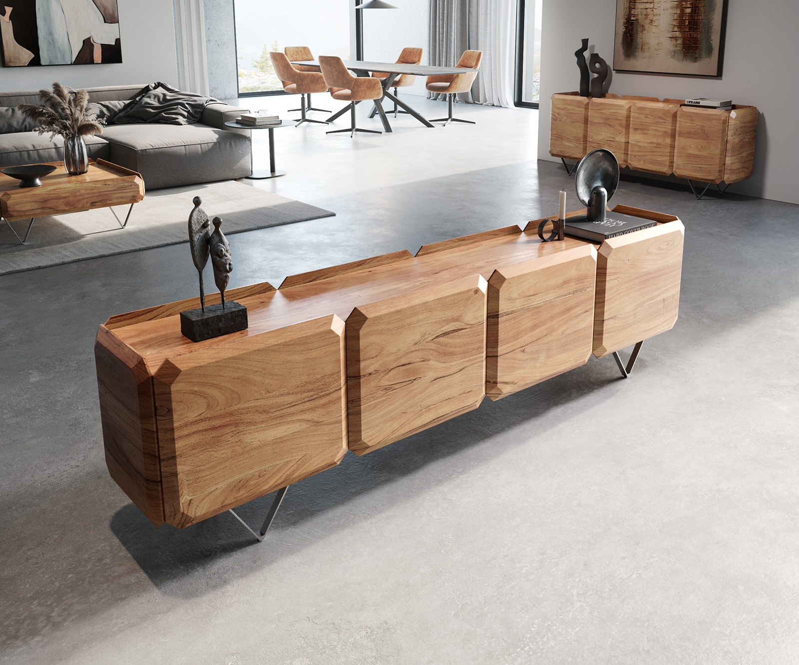 Lowboard Kiano 220 cm Akazie Natur 4 Türen V-Fuß Edelstahl Raumteiler Lowboard Kiano 220 cm Akazie Natur 4 Türen V-Fuß Edelstahl Raumteiler