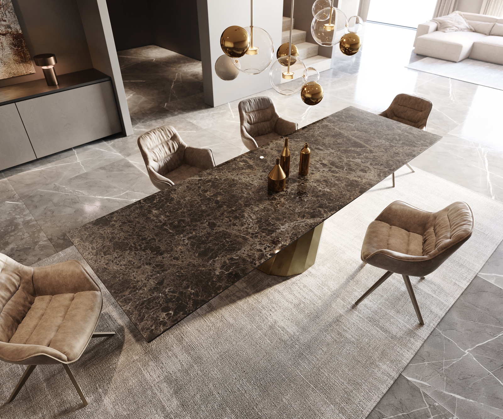 Table à manger Edge 300x100 céramique Laminam® Emperador Extra Lucidato marron foncé parabole métallique doré 2