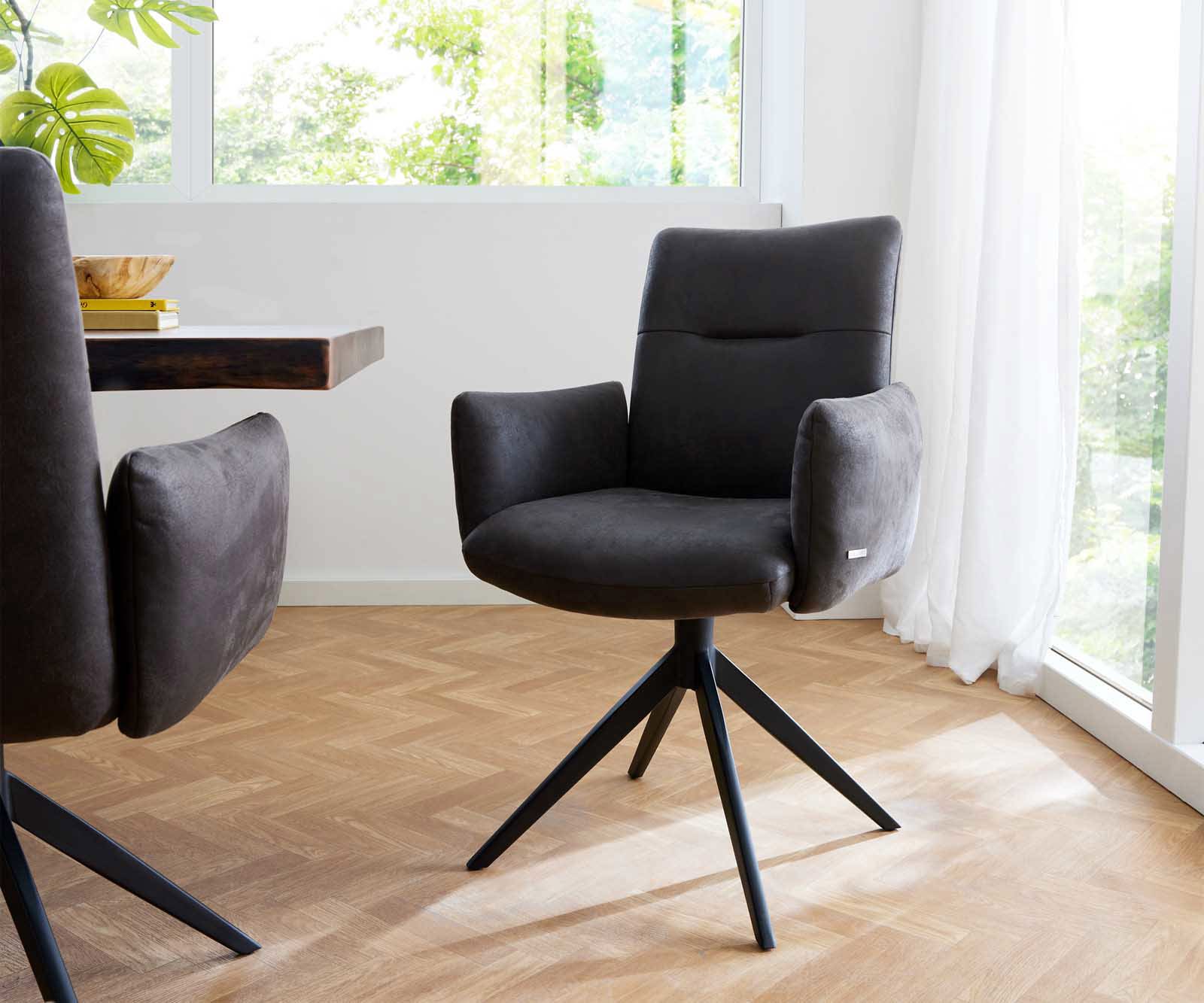 Drehstuhl Jova-Flex mit Armlehnen Anthrazit Vintage Kreuzgestell breit Schwarz 360° drehbar Taschenfederkern