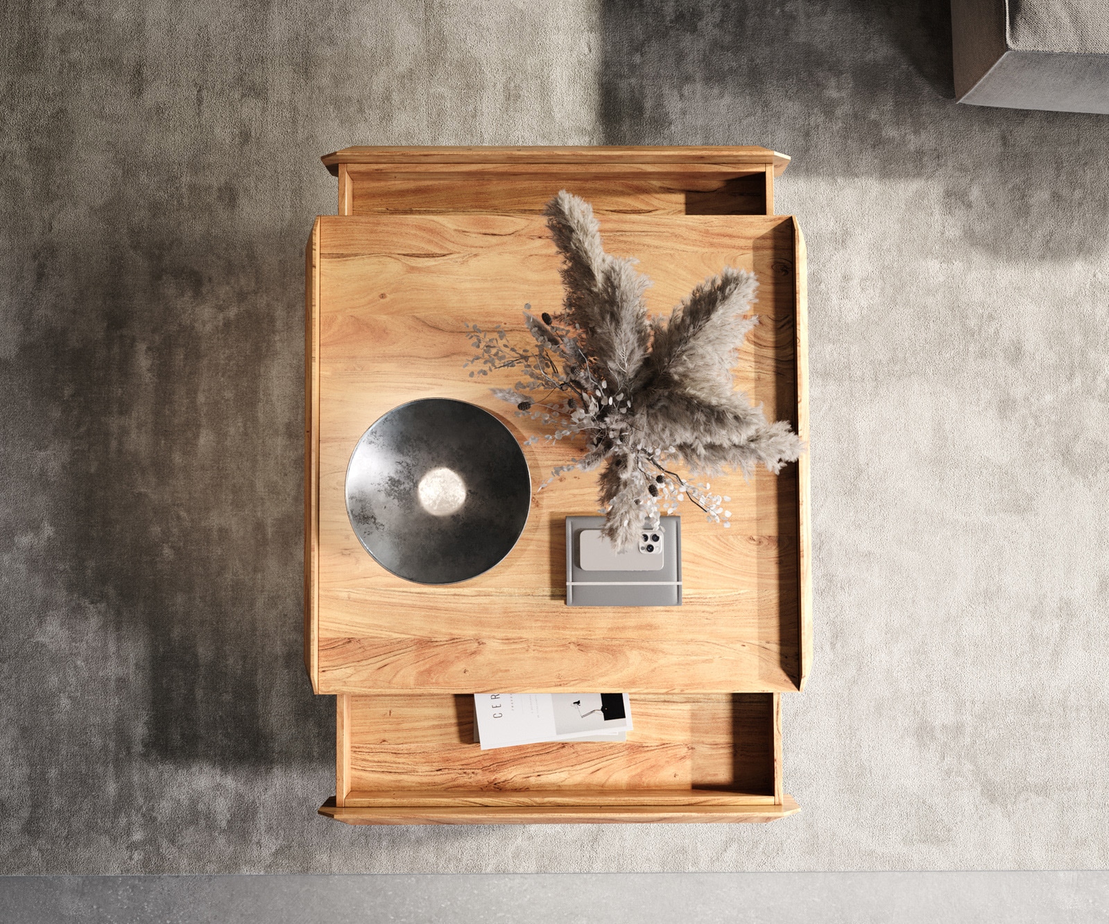 Couchtisch Kiano 90x90 cm Akazie Natur 2 Schübe V-Fuß Schwarz 3 Couchtisch Kiano 90x90 cm Akazie Natur 2 Schübe V-Fuß Schwarz 3