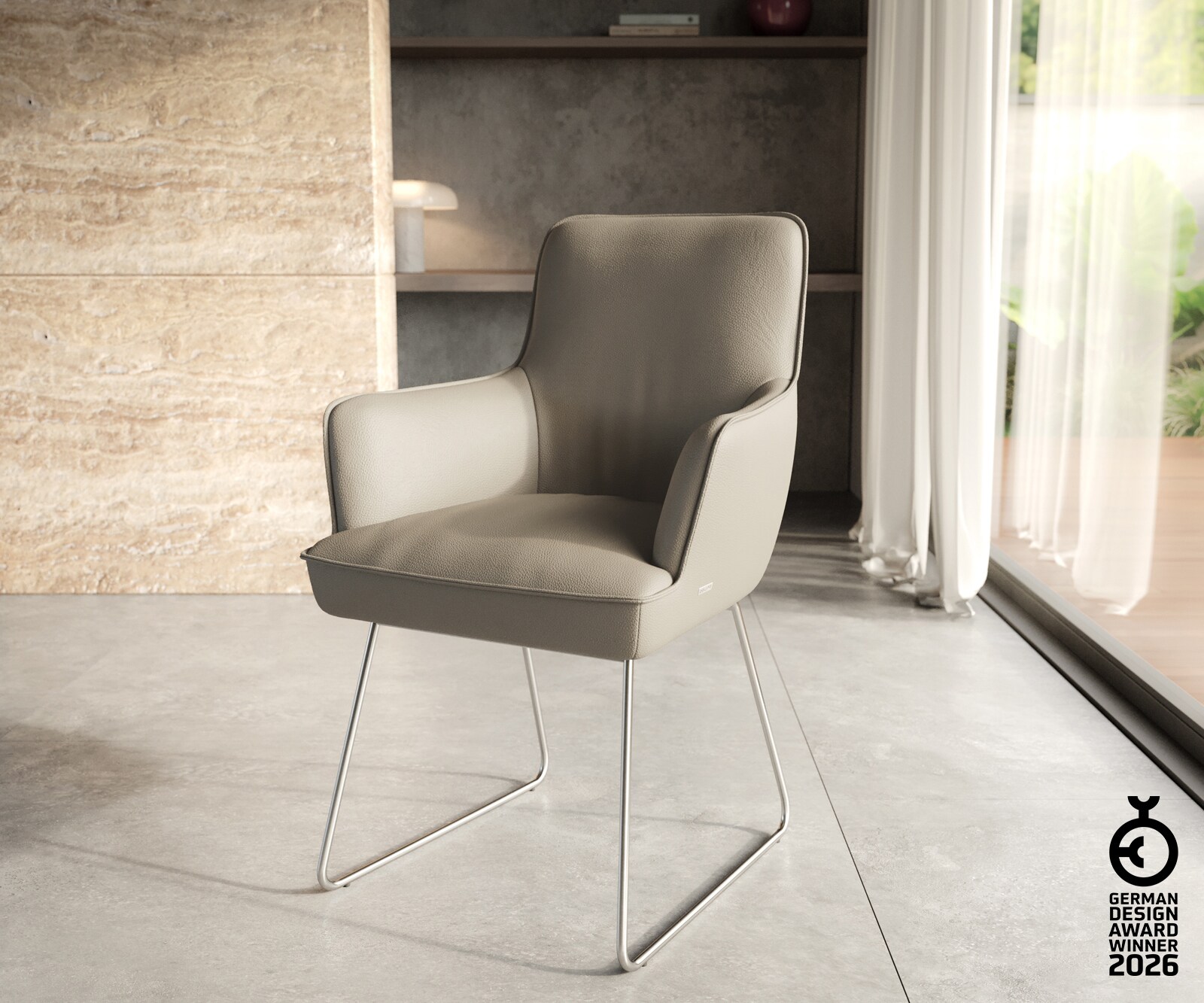 Chaise-de-salle-à-manger Heira-Flex avec accoudoirs cuir de vache couleur boue pied trapèze acier inoxydable brossé ressorts ensachés