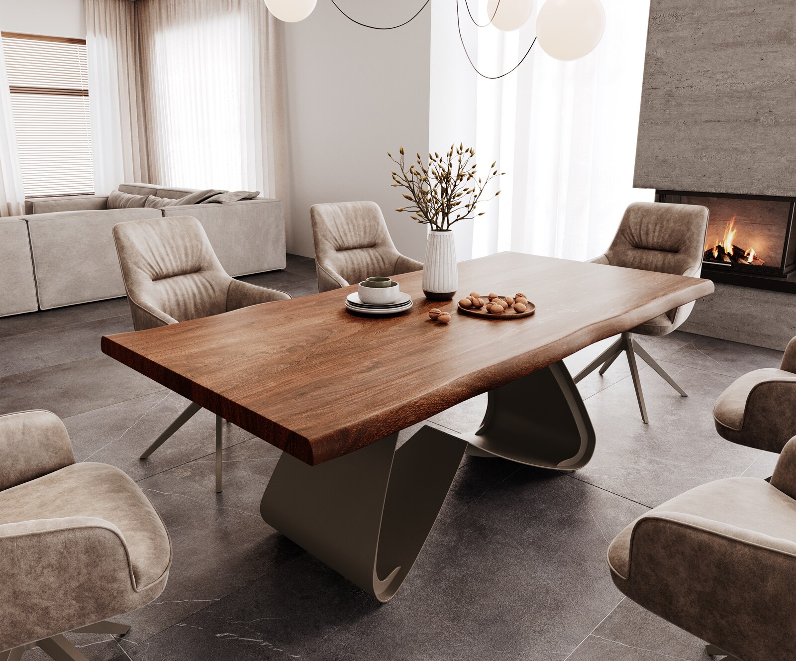 Table à manger Edge 200x100 XL Acacia Marron Cadre en W Métal finition à effet Titane Live-Edge