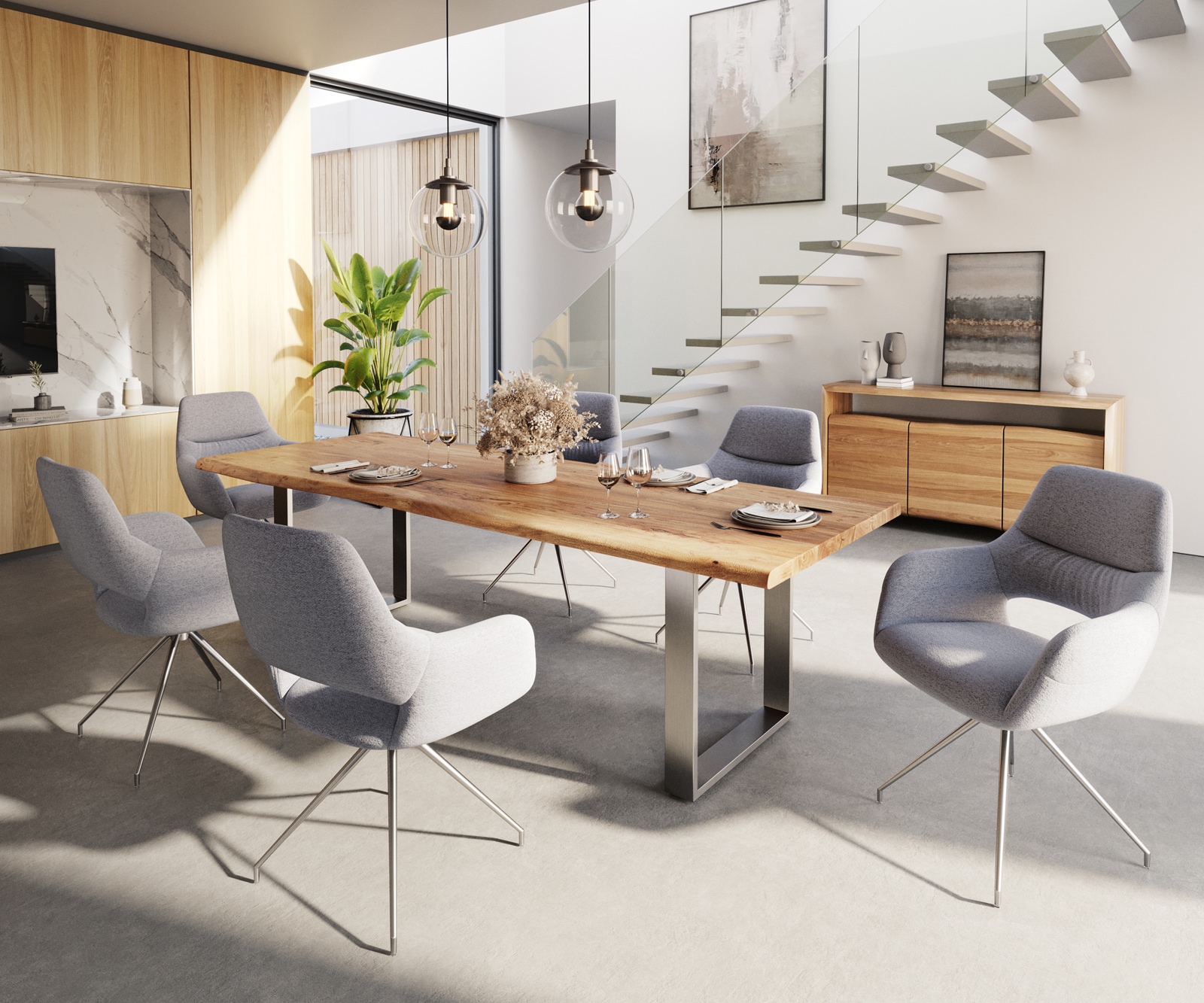 Esszimmerstuhl Yago-Flex mit Armlehnen Strukturstoff Hellgrau Kreuzgestell konisch Edelstahl Taschenfederkern 4 Esszimmerstuhl Yago-Flex mit Armlehnen Strukturstoff Hellgrau Kreuzgestell konisch Edelstahl Taschenfederkern 4