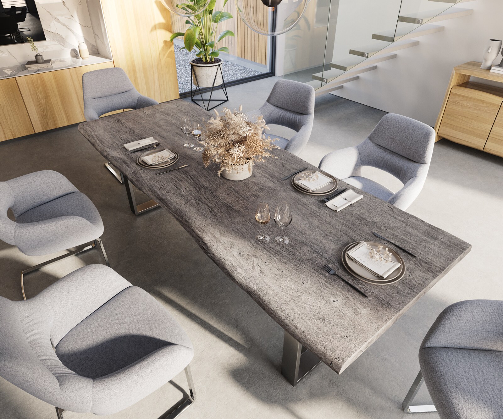Table-à-manger Edge 260x100 XL acacia platine acier inoxydable mince Live-Edge 4