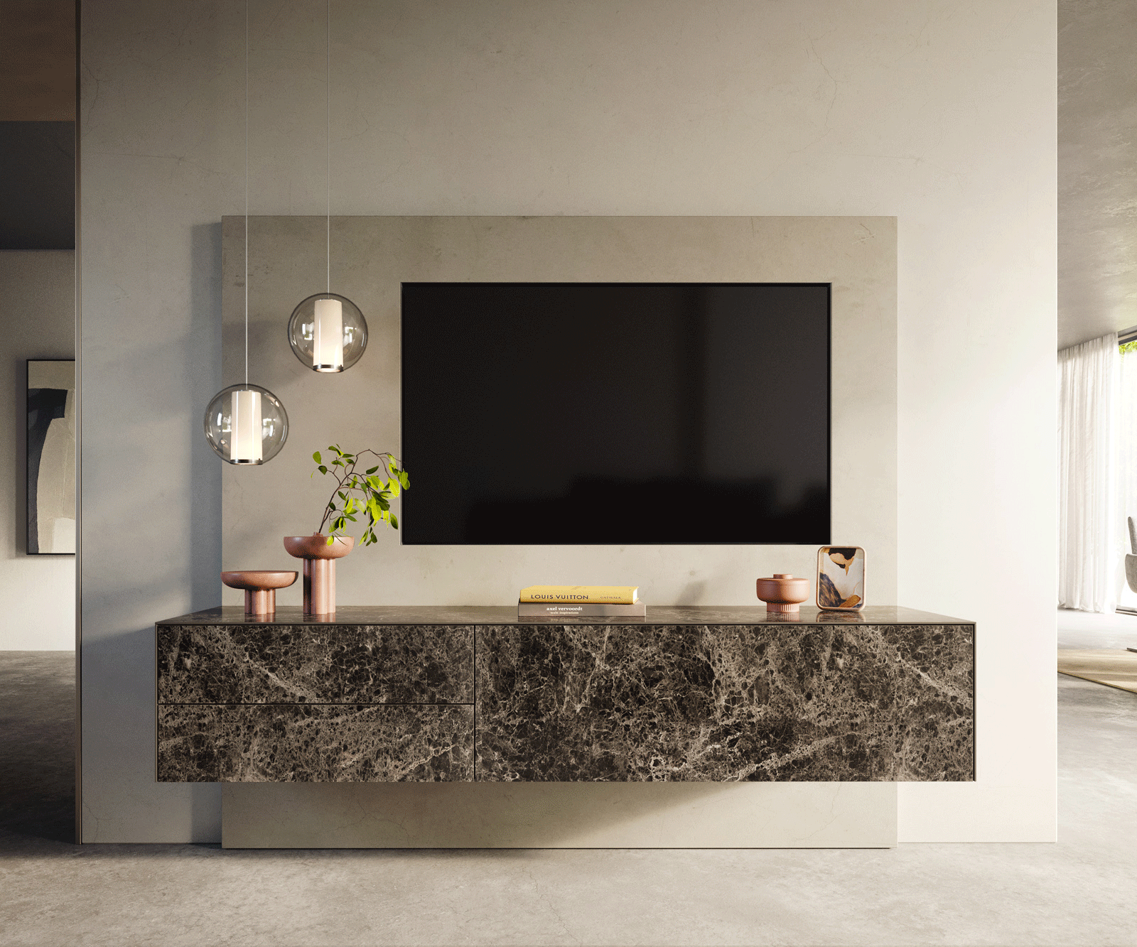Lowboard Cuor 180 cm Keramik Laminam® Emperador Extra Lucidato Dunkelbraun 1 Klappe 2 Schubfächer Schwebend 1