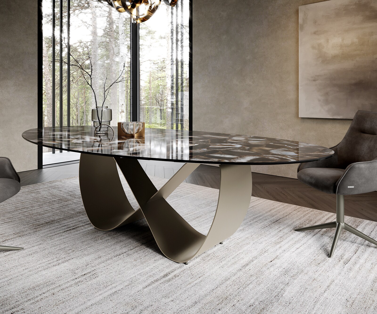 Esstisch Edge Oval 280x130 cm Keramik Iris FMG Agatablack Infinity Metall Effektfinish Titan 5