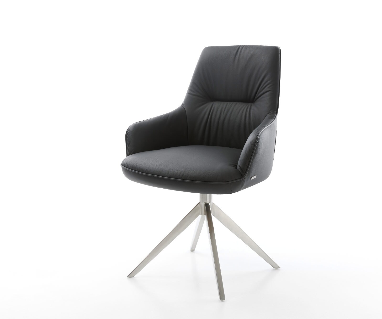 Chaise-pivotante Zelia-Flex cuir de vache noir pied croisé large acier inoxydable brossé pivotement sur 360° fonction bascule ressorts ensachés