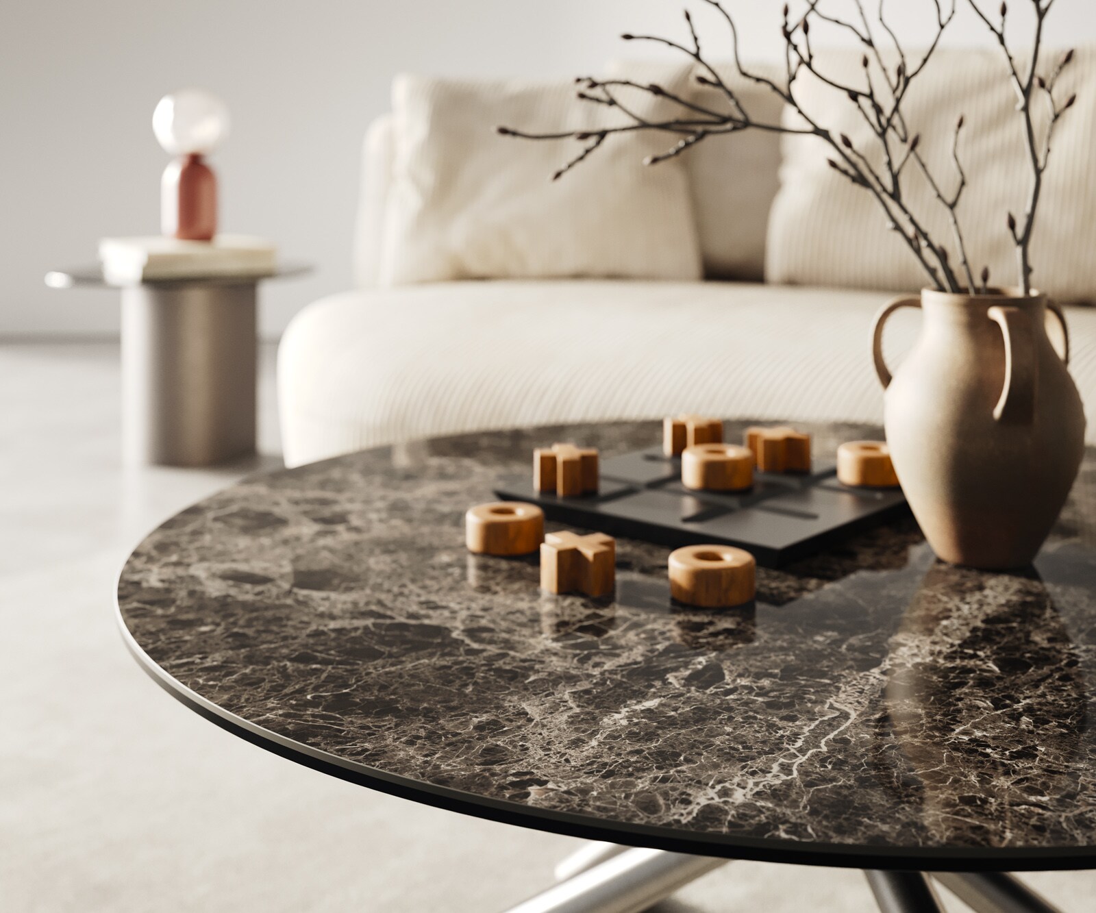 Couchtisch Edge Rund 90x90 cm Keramik Laminam® Emperador Extra Lucidato Dunkelbraun Sarity Edelstahl gebürstet 4