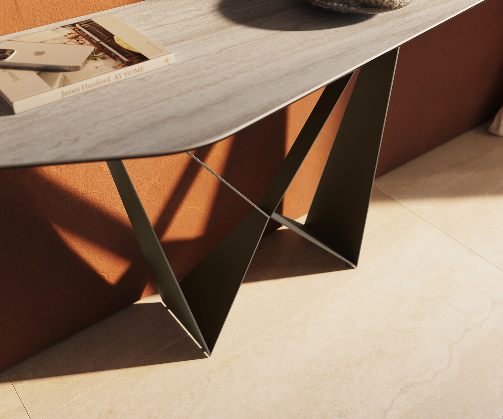 Console Edge Polygonal 180x50 cm Céramique Laminam® Travertino Bianco Creme-Weiß Spios Métal Effektfinish Titan 5