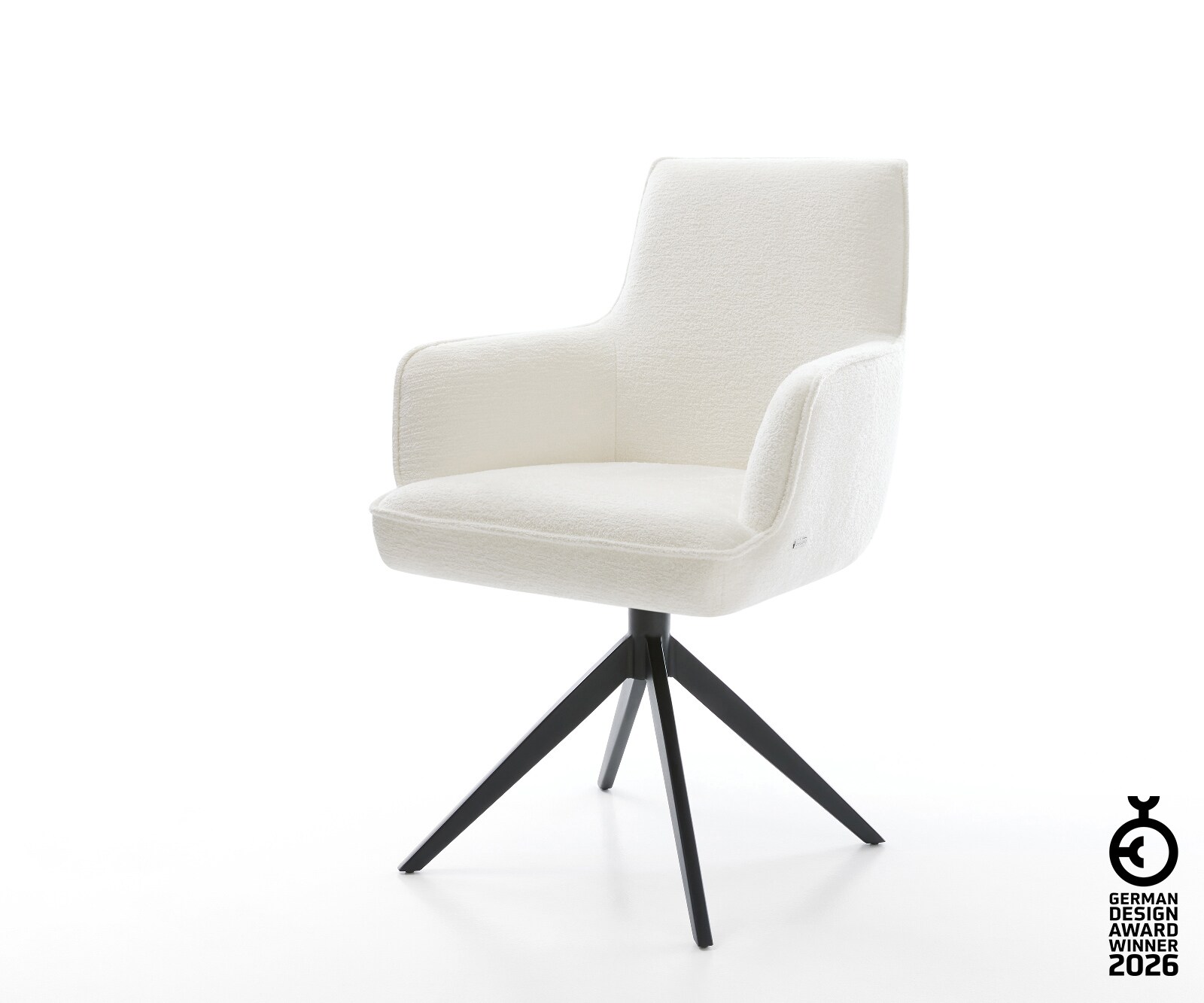 Drehstuhl Heira-Flex mit Armlehnen Bouclé Soft Beige Kreuzgestell breit Schwarz 360° drehbar Wippfunktion Taschenfederkern 1