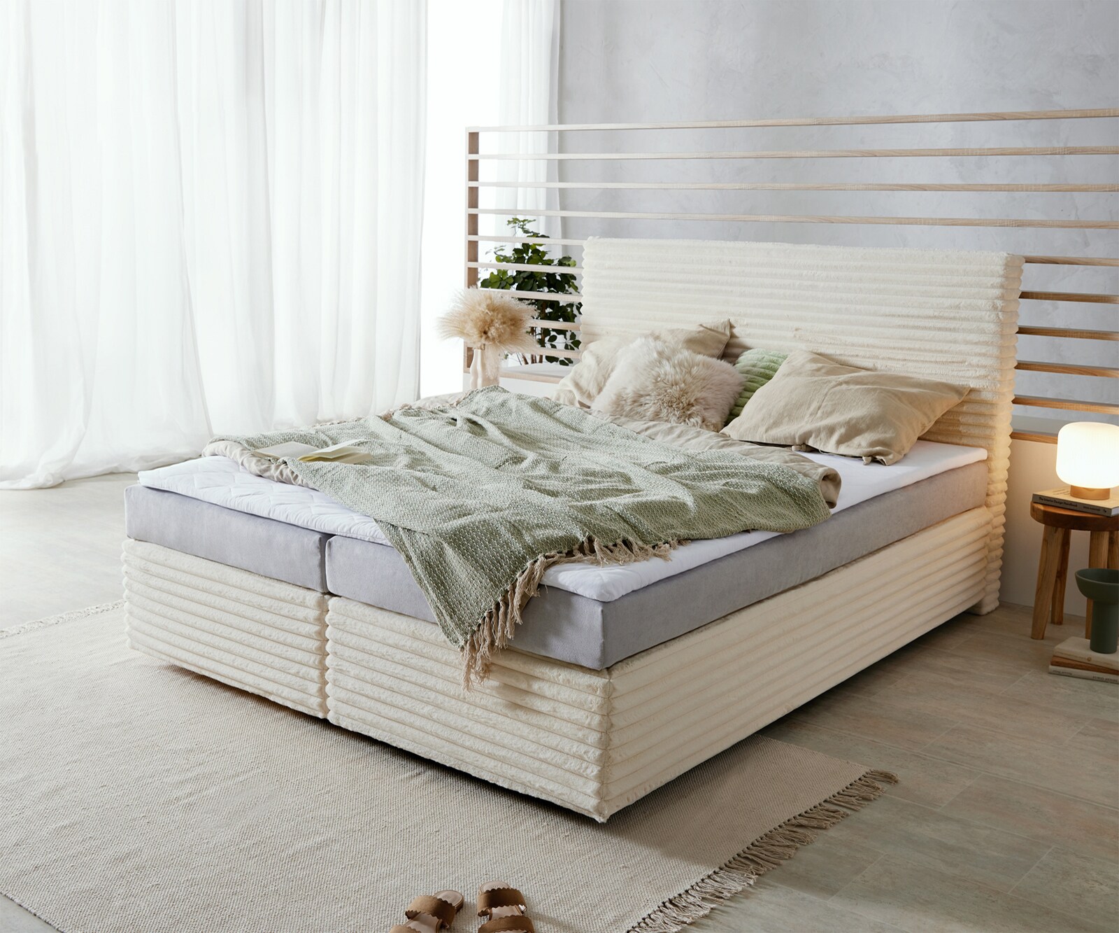 Boxspringbett Dream-Well Plüsch-Cord Beige 160x200 cm Bonell-Matratze PU-Topper Boxspringbett Dream-Well Plüsch-Cord Beige 160x200 cm Bonell-Matratze PU-Topper
