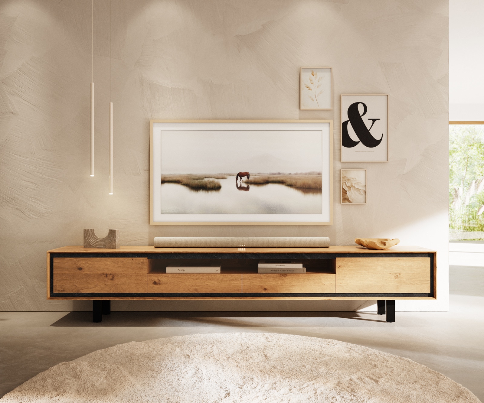 Lowboard Stonegrace 240 cm Eiche Natur 2 Türen 2 Schubladen 1 Fach Fuß Vierkant Metall Schwarz 2