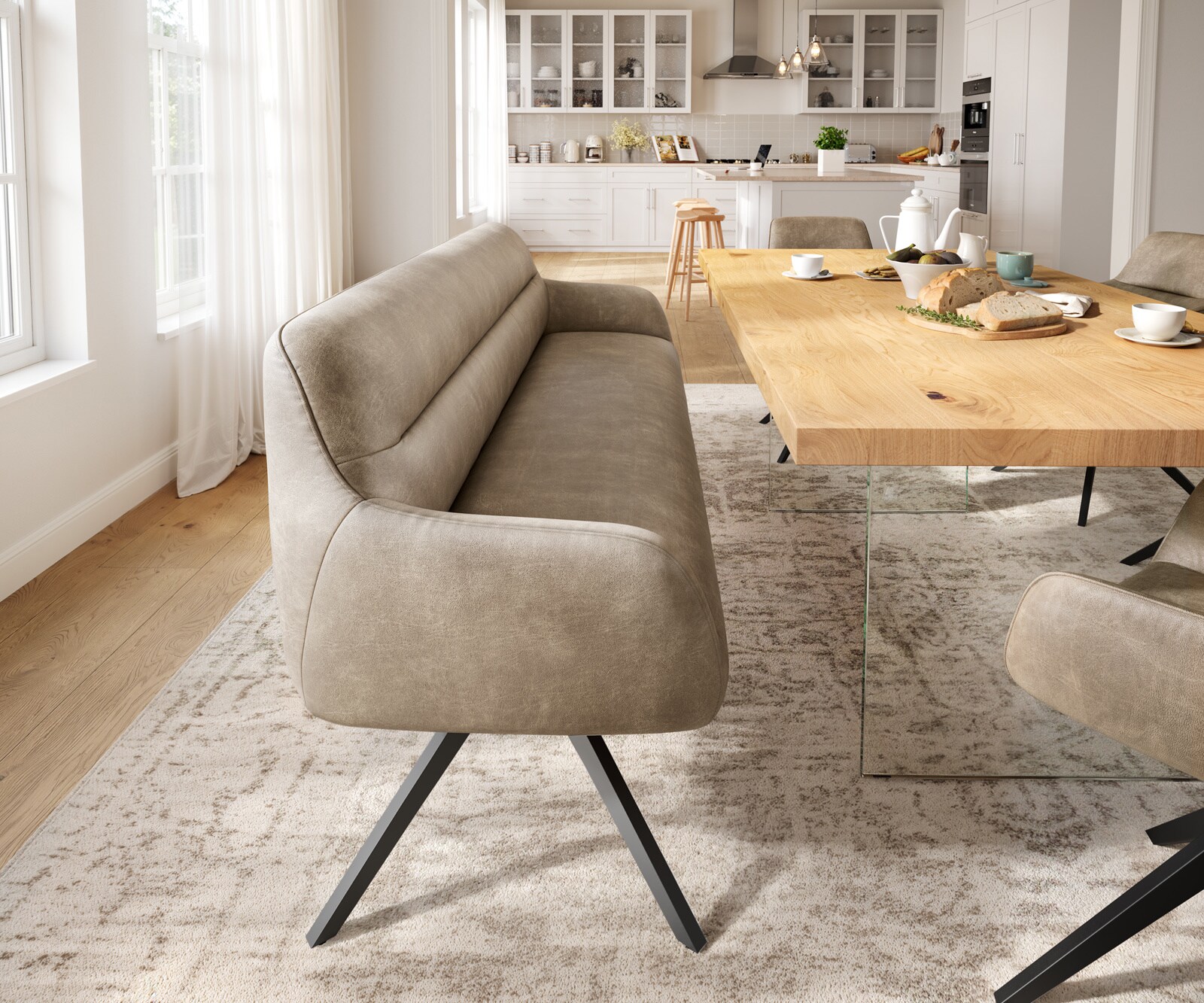 Banc-de-salle-à-manger Taya-Flex 200 cm microfibre beige vintage pied croisé angulaire noir ressort ensaché 1