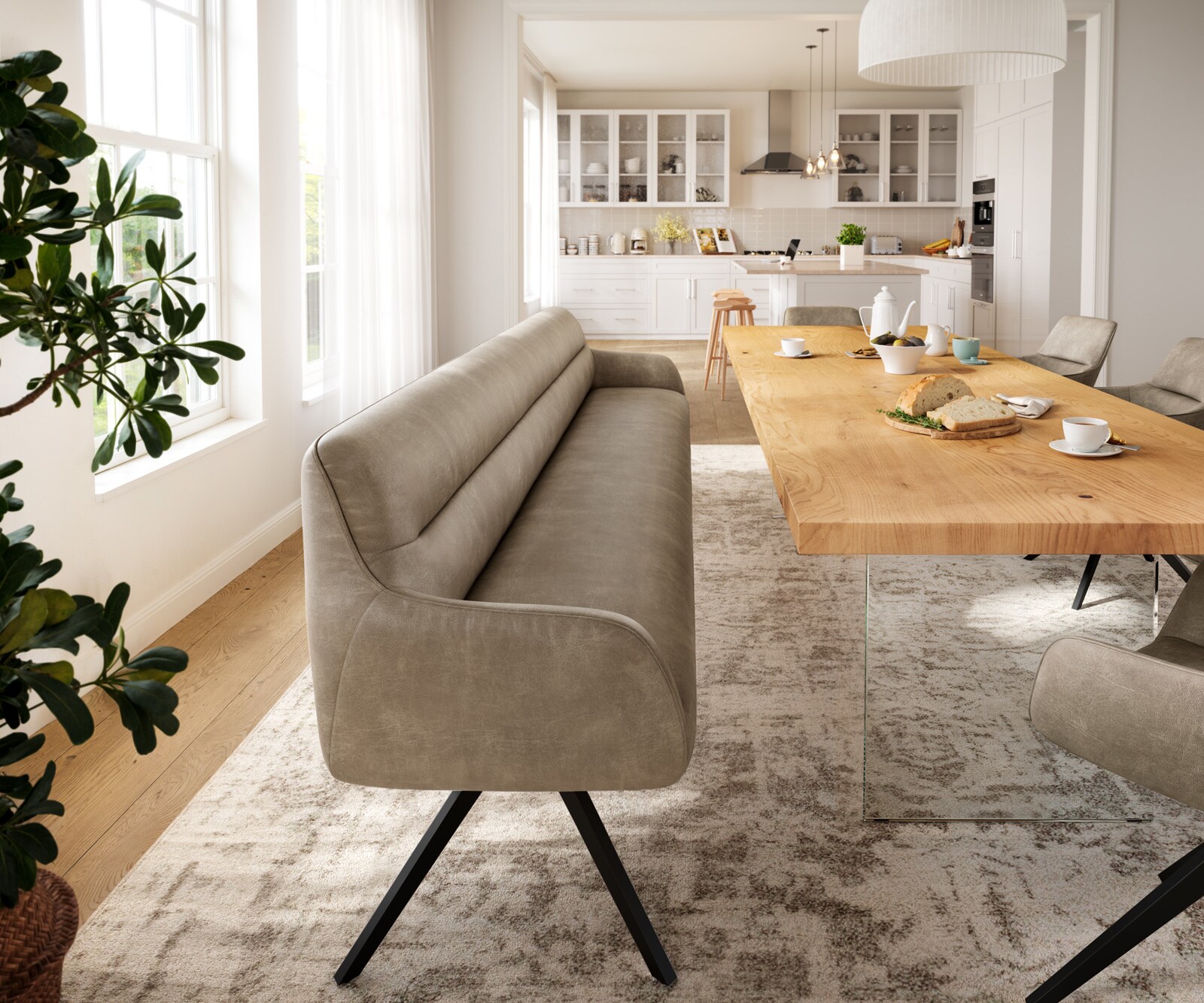 Esszimmerbank Taya-Flex 300 cm Mikrofaser Beige Vintage Kreuzgestell kantig Schwarz Taschenfederkern 2