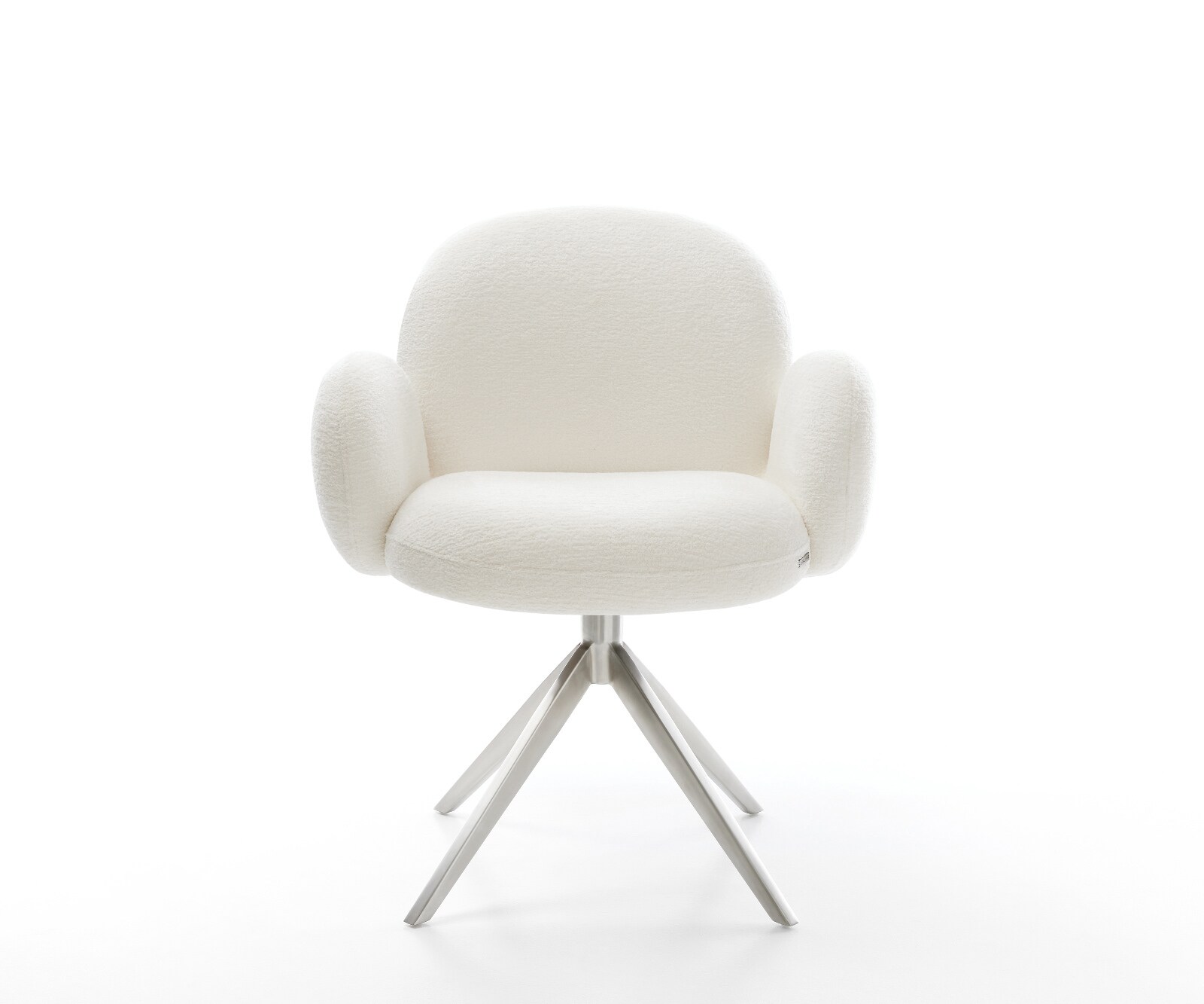 Chaise-pivotante Nube-Flex avec accoudoirs bouclé doux beige pied croisé large acier inoxydable pivotement sur 360° fonction bascule resorts ensachés 1