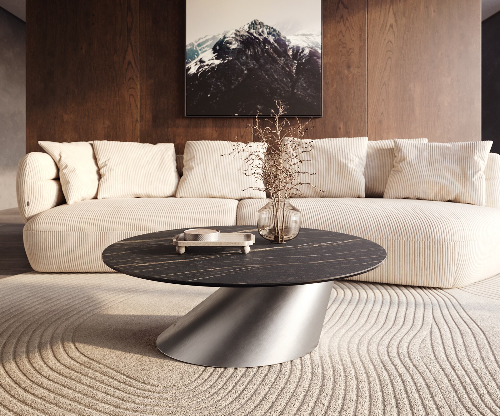 Table basse Edge rond 100x100 cm céramique Laminam® Noir Desir brun Conis acier inoxydable brossé 5