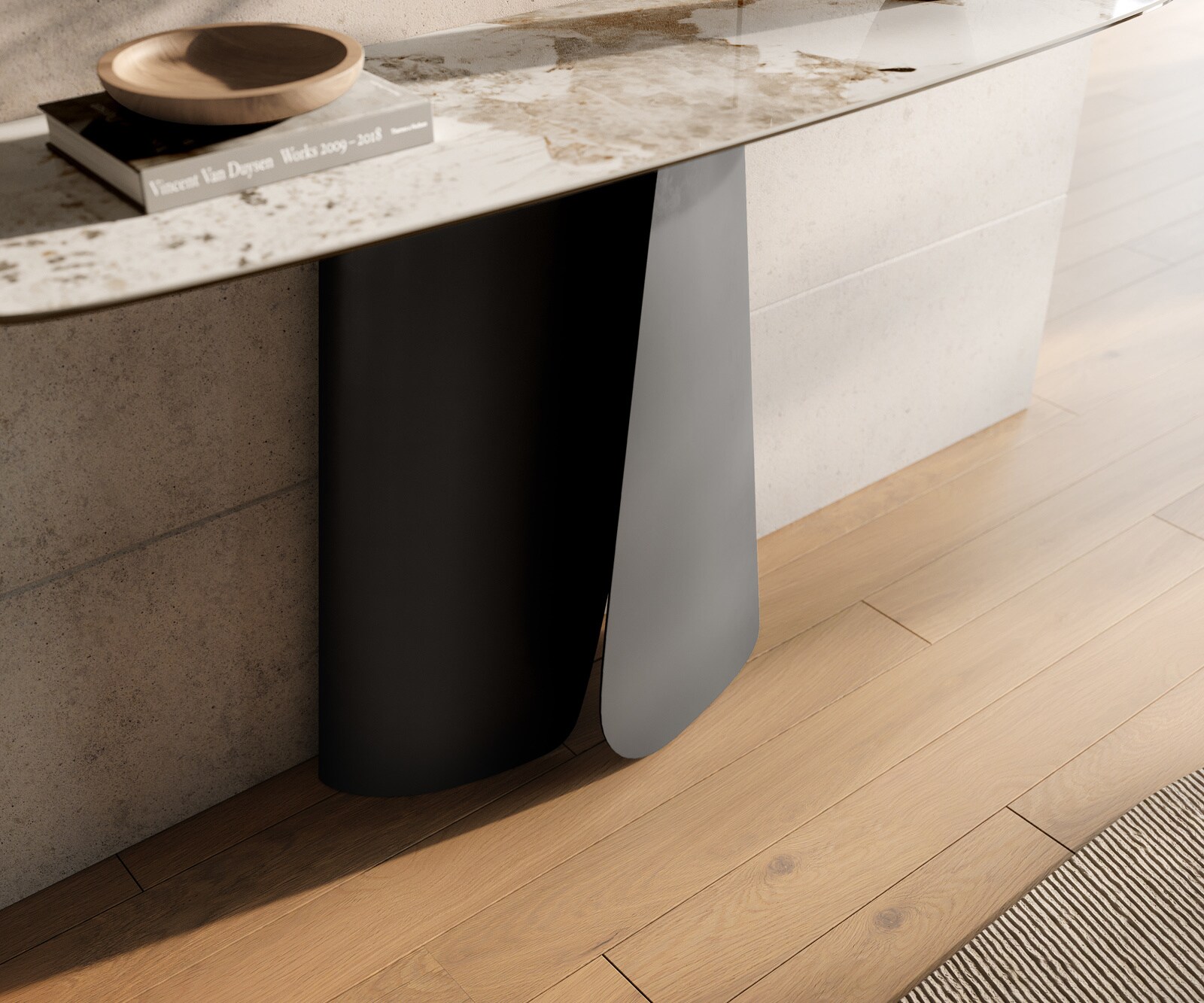 Console Edge forme bateau 140x40 cm Céramique Minas Melange Weiß-Beige Livos Métal Noir 6