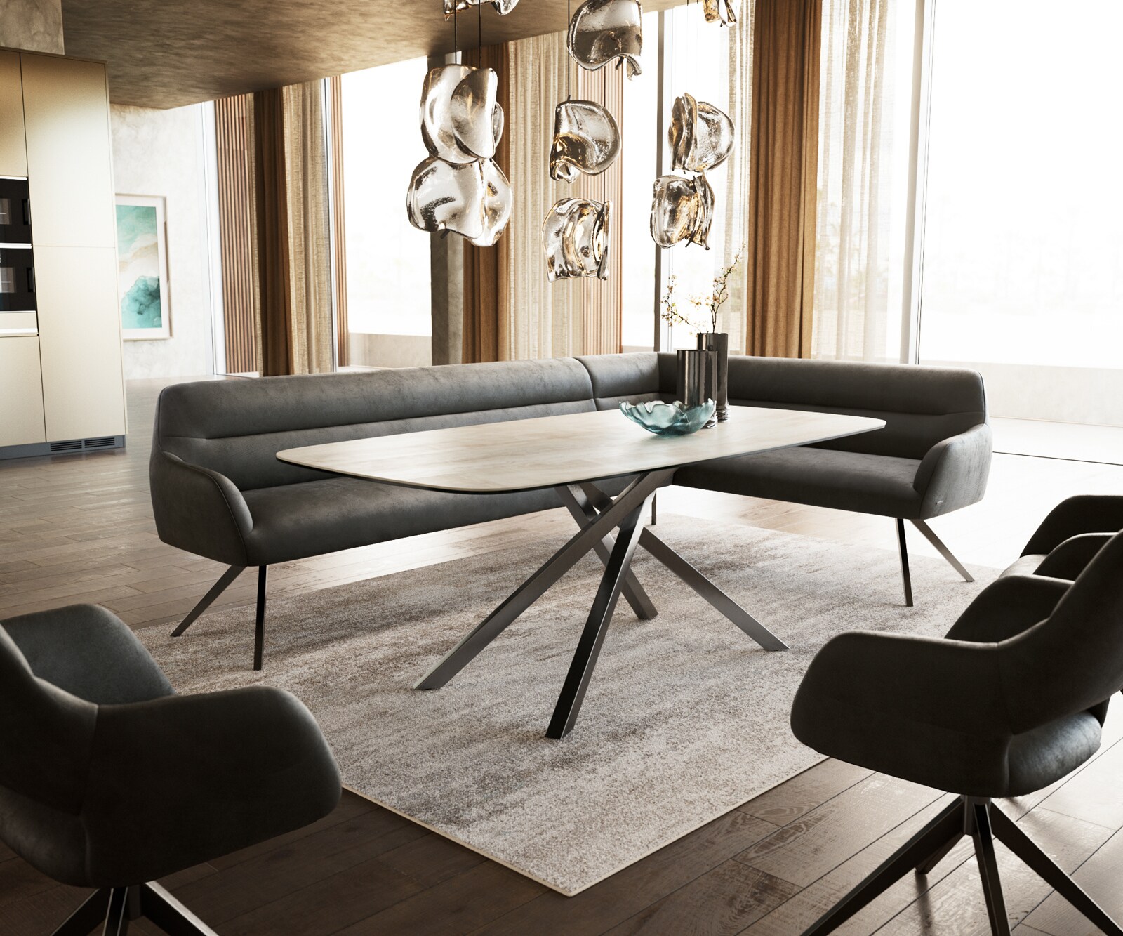 Esszimmerbank Taya-Flex 285x190 cm Mikrofaser Anthrazit Vintage Kreuzgestell kantig Graphit Taschenfederkern Links