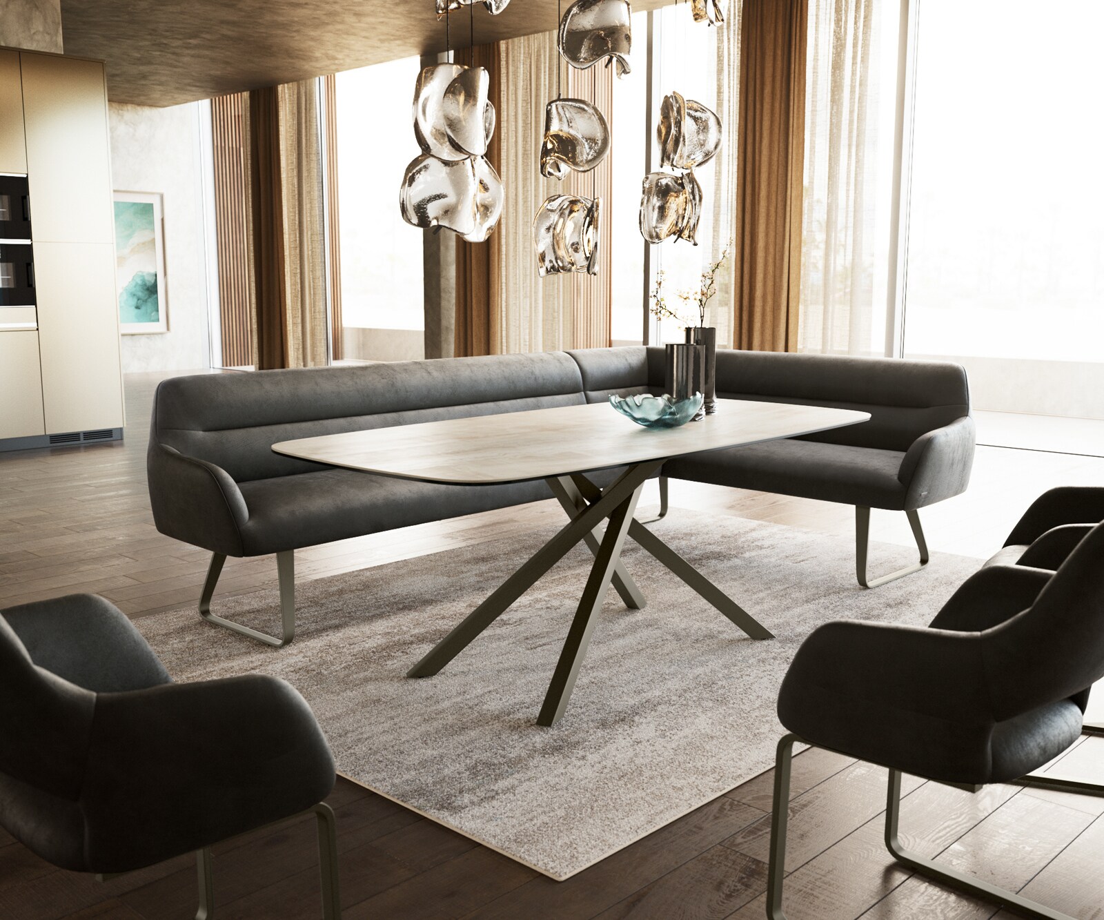 Esszimmerbank Taya-Flex 285x190 cm Mikrofaser Anthrazit Vintage Kufengestell flach Effektfinish Titan Taschenfederkern Links