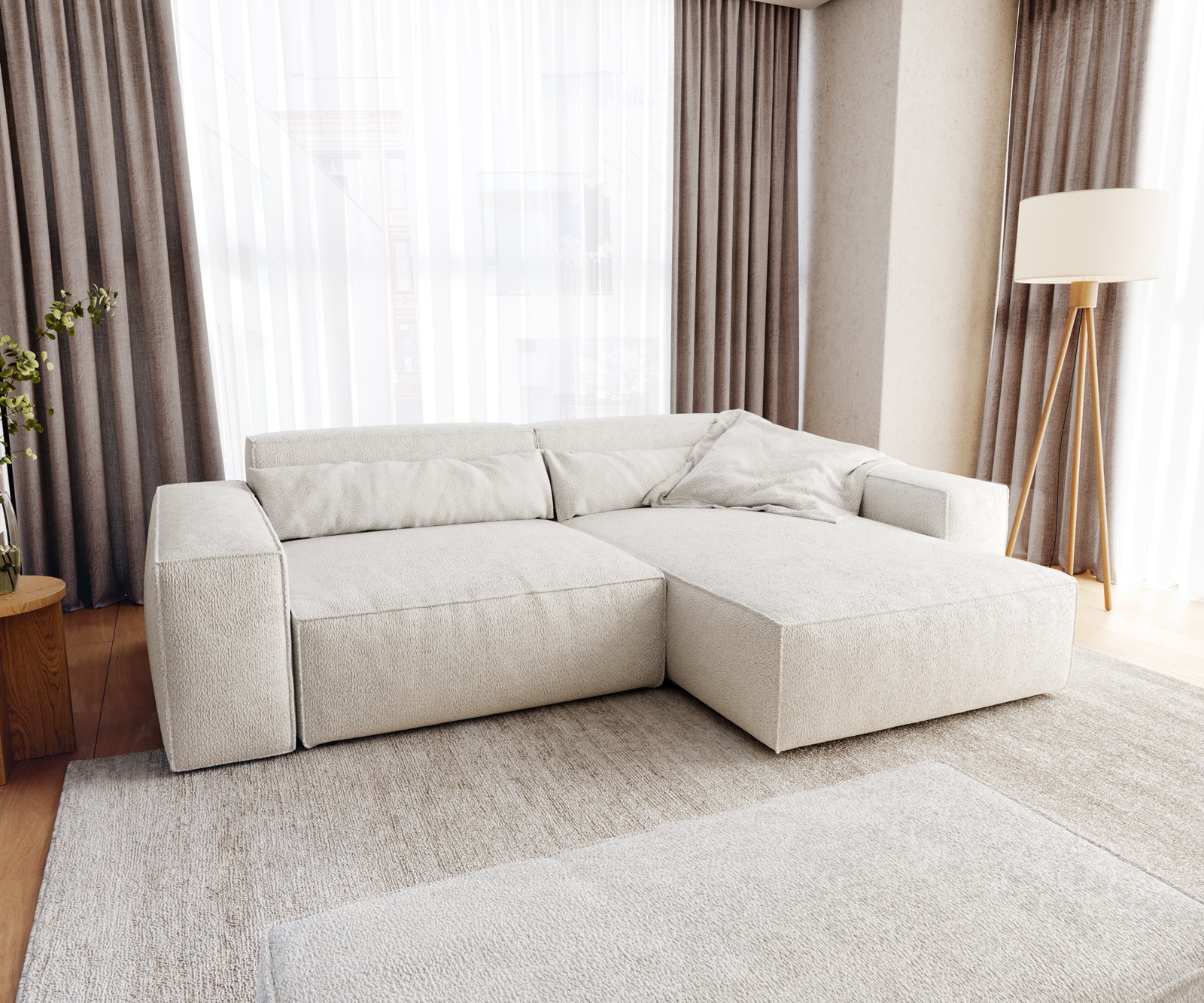 Ecksofa Sirpio XL 270x170 cm Bouclé Creme-Weiß Recamiere variabel mit Hocker