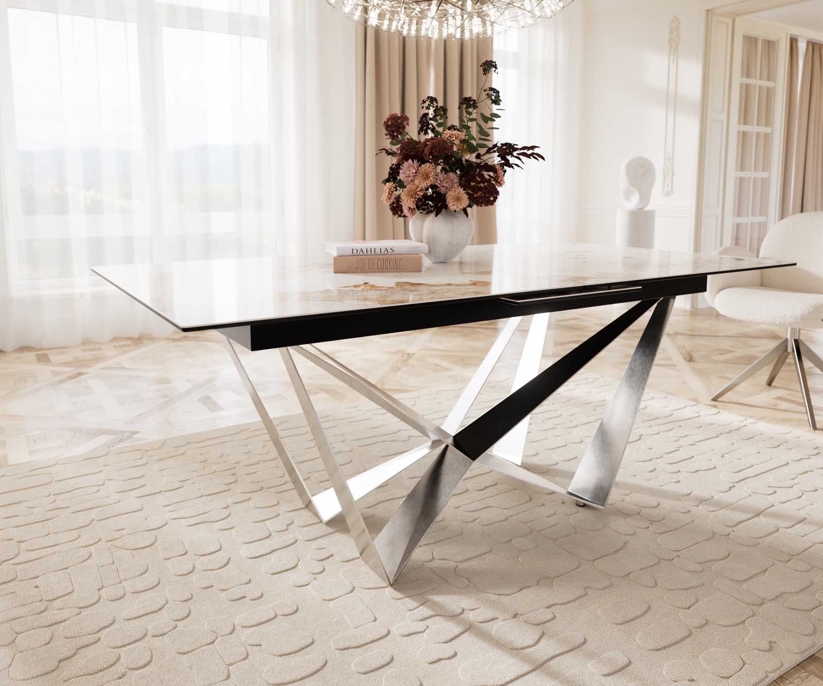 Esstisch Edge 180-220x100 Keramik Minas Melange Weiß-Beige Spider Flachstahl Edelstahl ausziehbar 6 Esstisch Edge 180-220x100 Keramik Minas Melange Weiß-Beige Spider Flachstahl Edelstahl ausziehbar 6