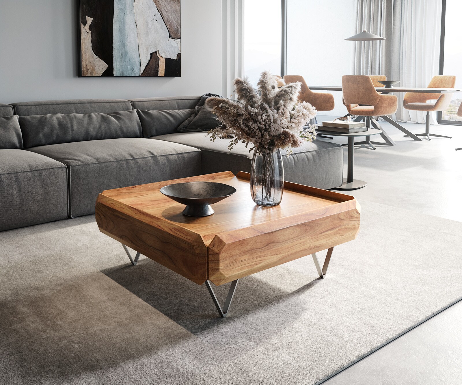 Table-basse Kiano 90x90 cm Acacia Nature 2 Tiroirs Pied en V Acier inoxydable