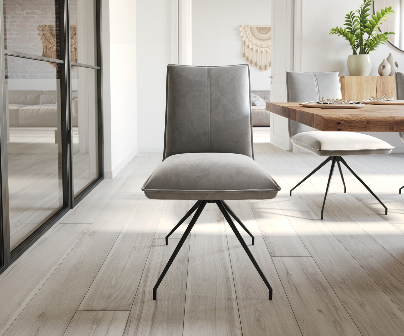 Chaise-de-salle-à-manger Lelio-Flex velours gris pied croisé conique noir ressorts ensachés 1 Chaise-de-salle-à-manger Lelio-Flex velours gris pied croisé conique noir ressorts ensachés 1