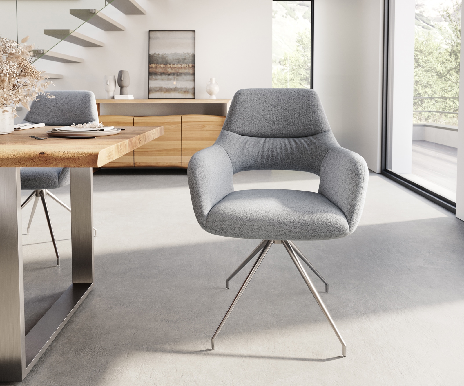 Esszimmerstuhl Yago-Flex mit Armlehnen Strukturstoff Hellgrau Kreuzgestell konisch Edelstahl Taschenfederkern 1 Esszimmerstuhl Yago-Flex mit Armlehnen Strukturstoff Hellgrau Kreuzgestell konisch Edelstahl Taschenfederkern 1