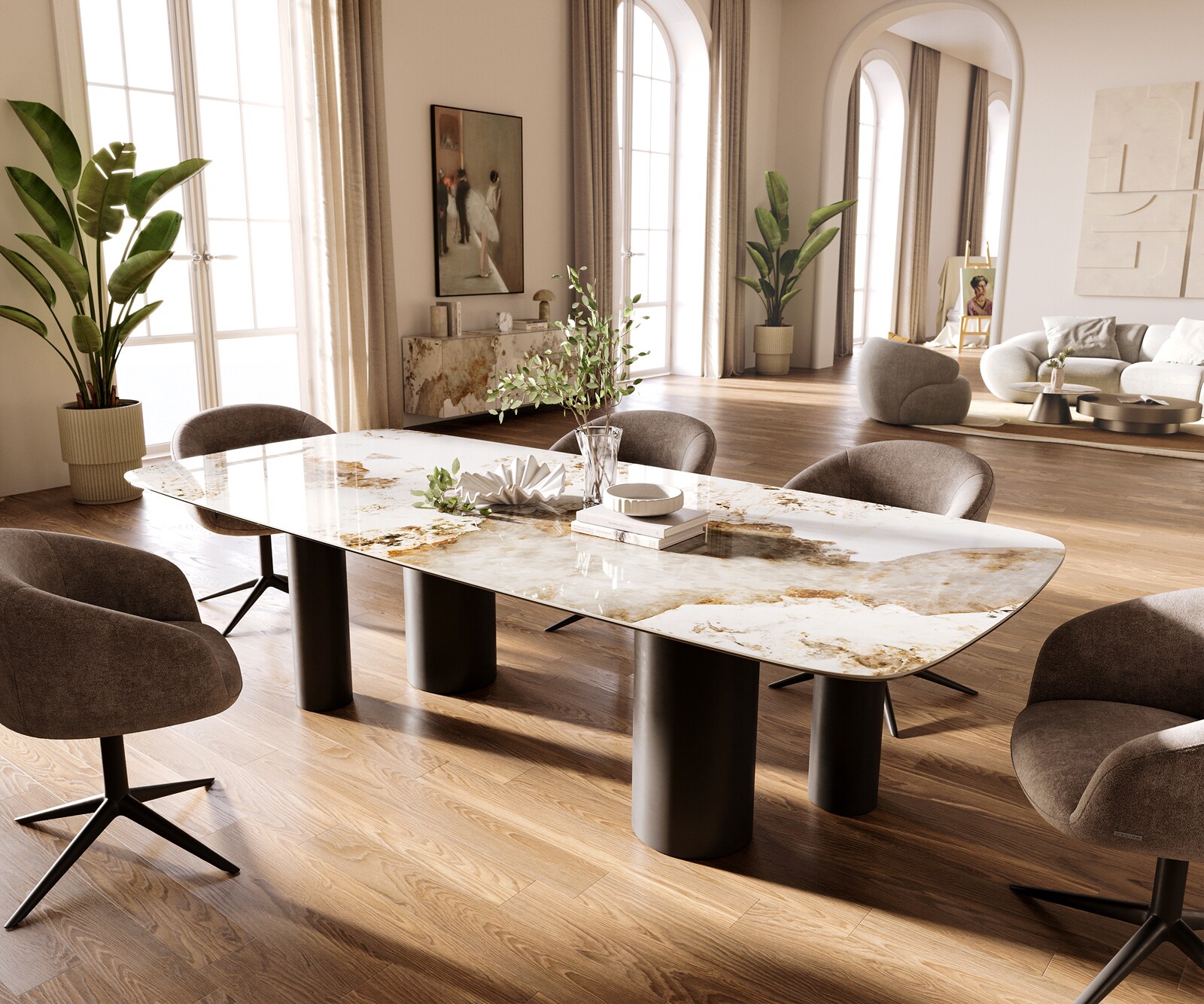 Esstisch Edge Boot 260x120 cm Keramik Minas Melange Weiß-Beige Pilier Metall Schwarz