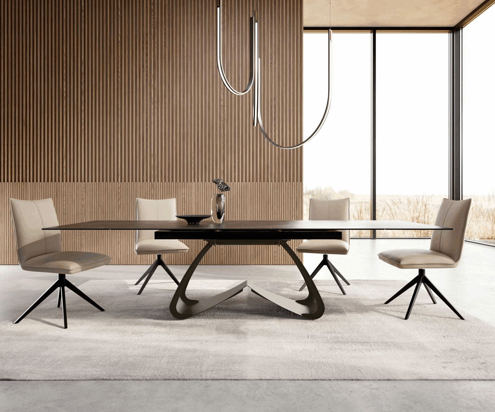 Esstisch Edge 200-300x100 Keramik Laminam®Noir Desir Braun W-Gestell Effektfinish Titan Ausziehbar 2