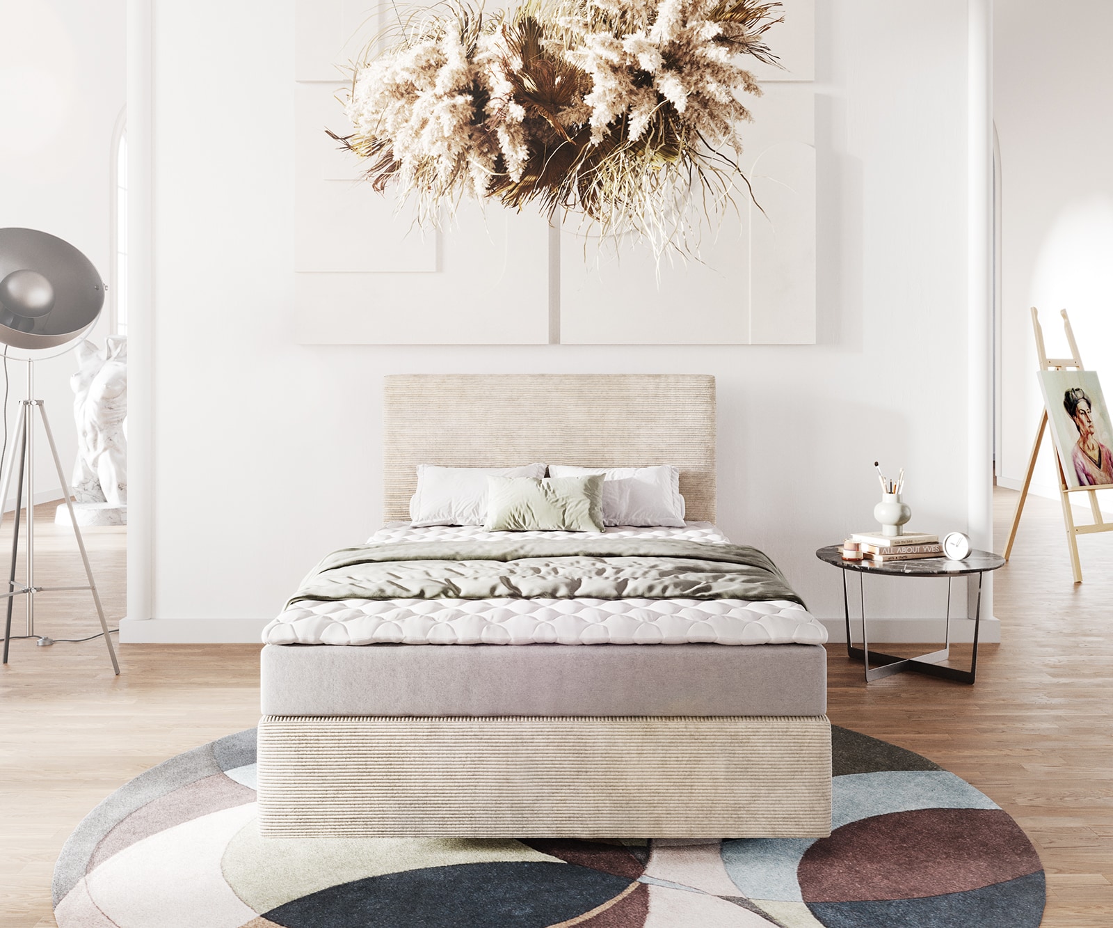 Lit-à-sommier-tapissier Dream-Well 120x200 cm Velours côtelé Beige avec matelas et surmatelas 1 Lit-à-sommier-tapissier Dream-Well 120x200 cm Velours côtelé Beige avec matelas et surmatelas 1