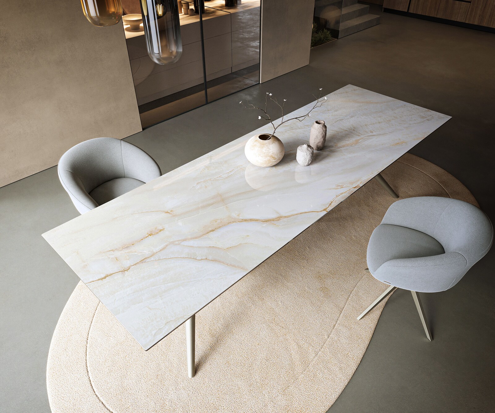 Esstisch Edge 300x100 cm Keramik Onyx Pearl Estelar rund Metall Effektfinish Titan 3