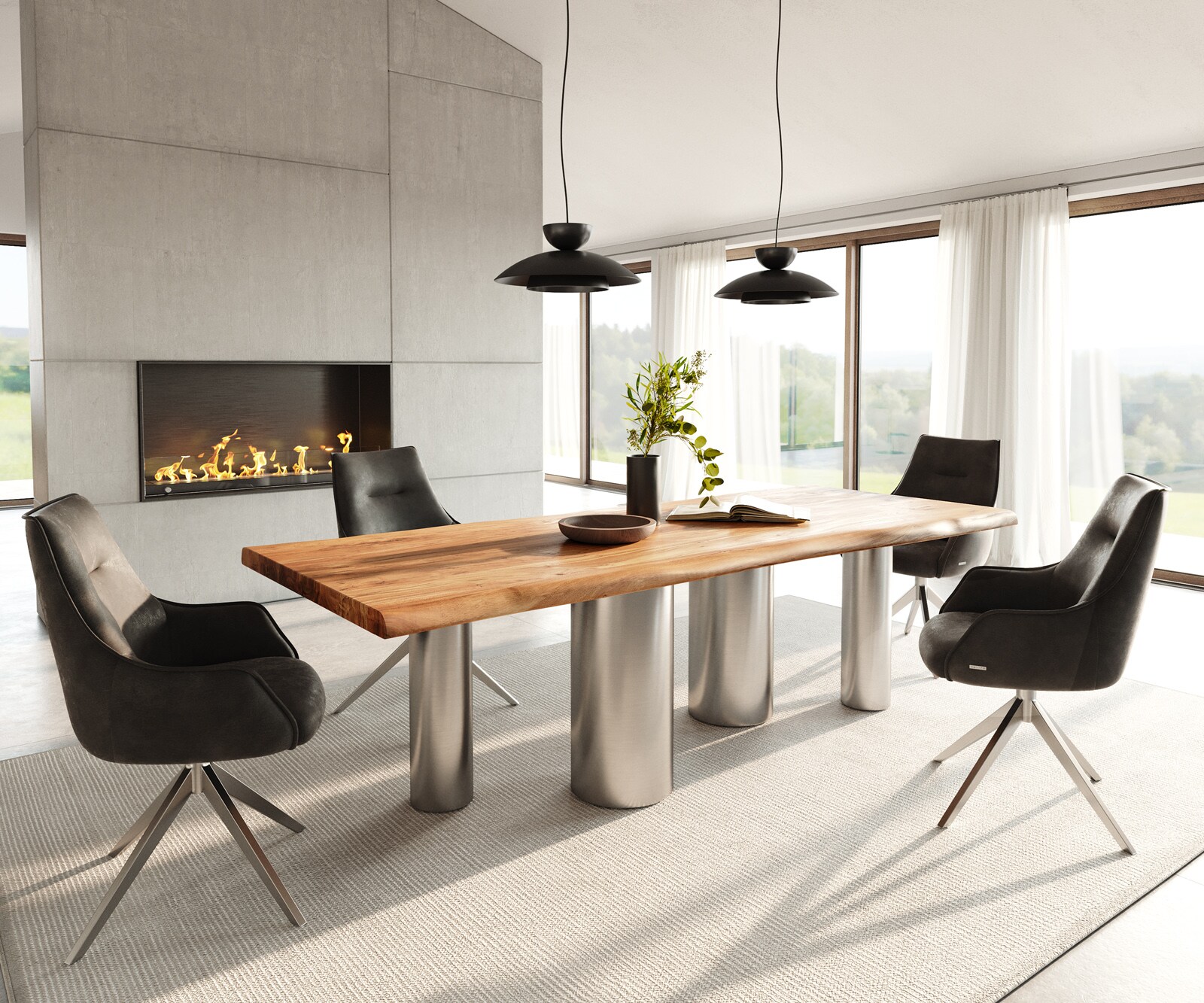 Table à manger Edge 240x100 Acacia Nature Pilier Acier inoxydable brossé Live-Edge 4