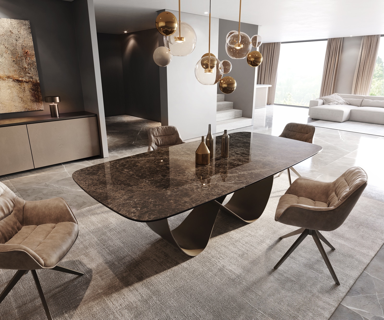 Esstisch Edge Boot 240x120 Keramik Laminam® Emperador Extra Lucidato Dunkelbraun Infinity Metall Effektfinish Titan 1