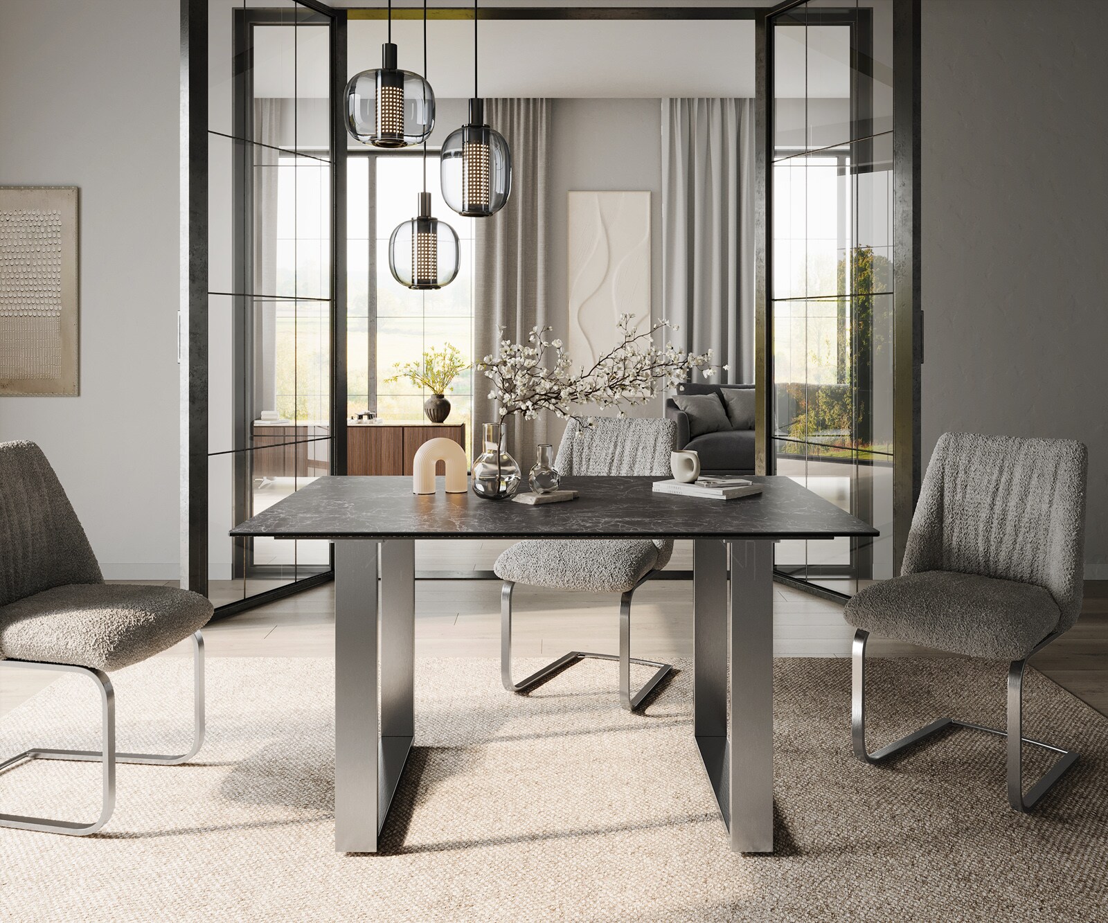 Esstisch Edge 140x90 Keramik Laminam®Nero Greco Anthrazit Edelstahl Schmal 2