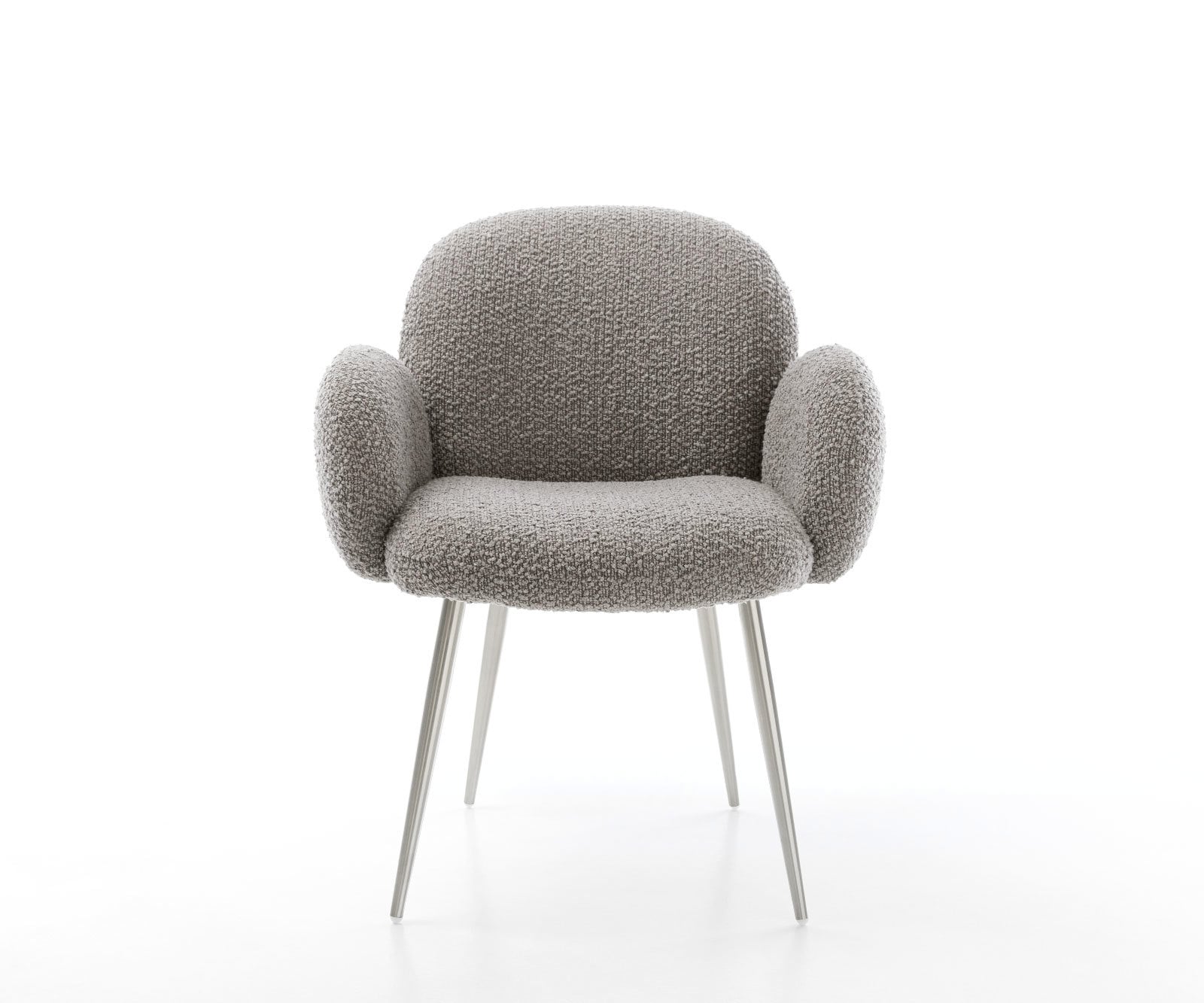 Chaise-de-salle-à-manger Nube-Flex avec accoudoirs bouclé gris argenté 4 pieds coniques acier inoxydable brossé ressorts ensachés 1 Chaise-de-salle-à-manger Nube-Flex avec accoudoirs bouclé gris argenté 4 pieds coniques acier inoxydable brossé ressorts ensachés 1